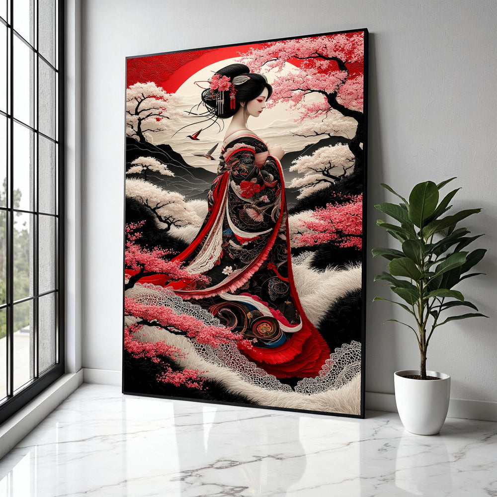 Elegant Geisha in Traditional Kimono, Japanese Cherry Blossom Canvas, Oriental Woman Portrait Wall Art, Red and Gift Art, Home Decor, Print