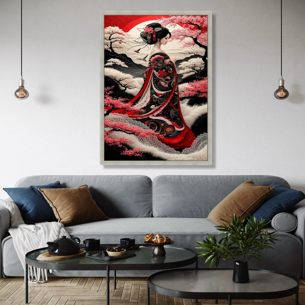Elegant Geisha in Traditional Kimono, Japanese Cherry Blossom Canvas, Oriental Woman Portrait Wall Art, Red and Gift Art, Home Decor, Print