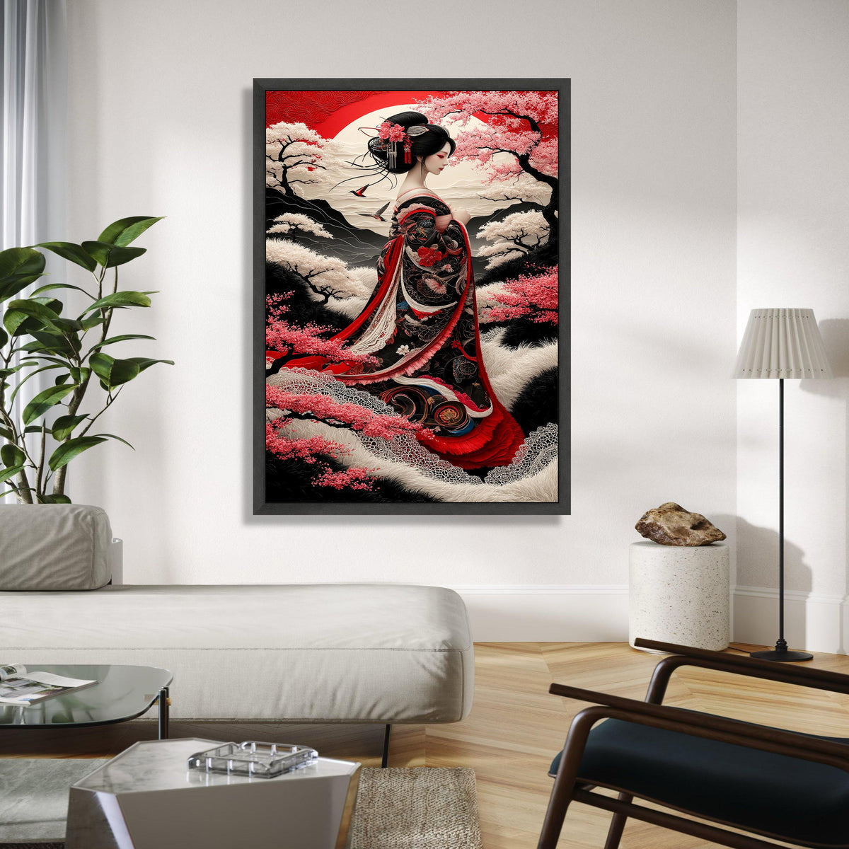 Elegant Geisha in Traditional Kimono, Japanese Cherry Blossom Canvas, Oriental Woman Portrait Wall Art, Red and Gift Art, Home Decor, Print