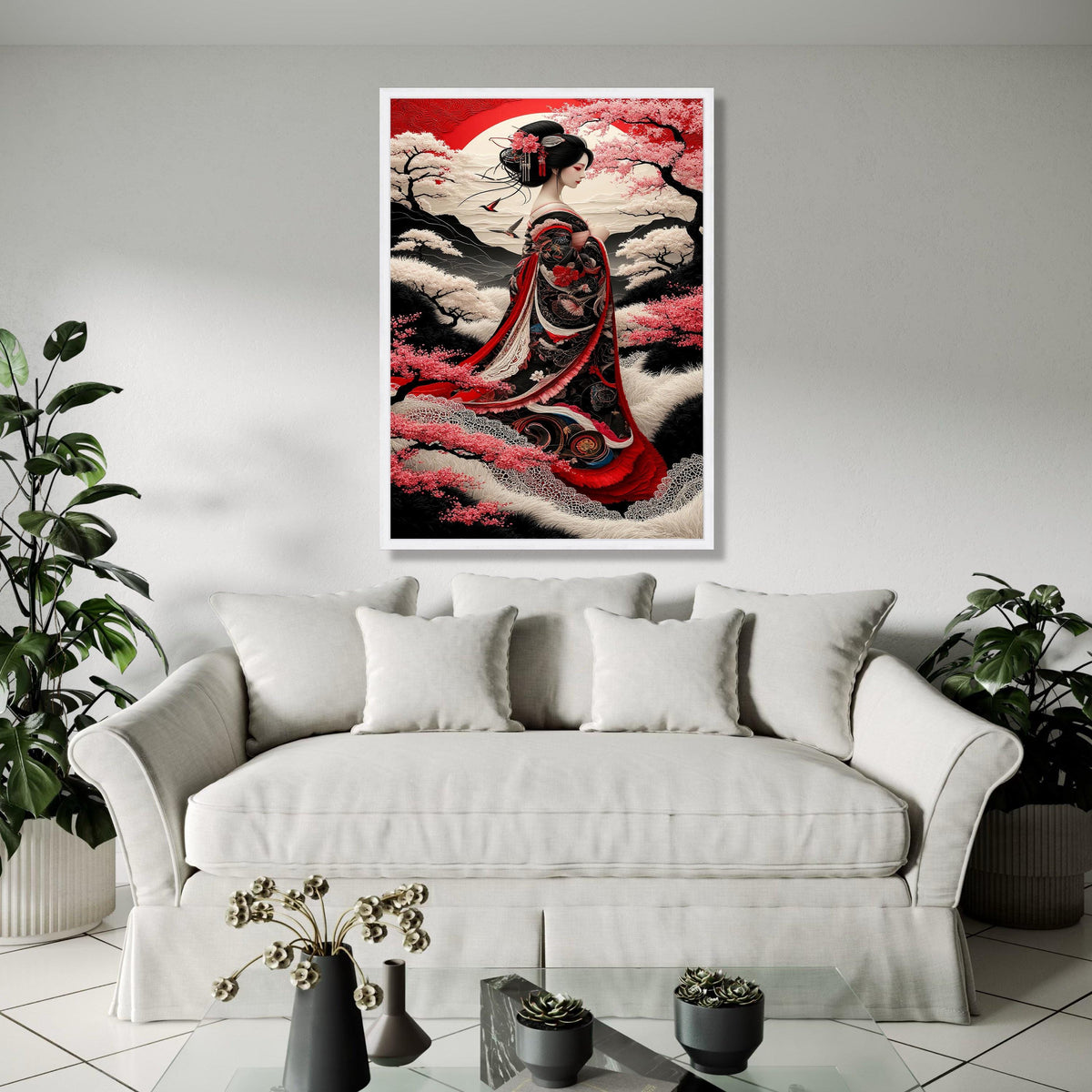 Elegant Geisha in Traditional Kimono, Japanese Cherry Blossom Canvas, Oriental Woman Portrait Wall Art, Red and Gift Art, Home Decor, Print