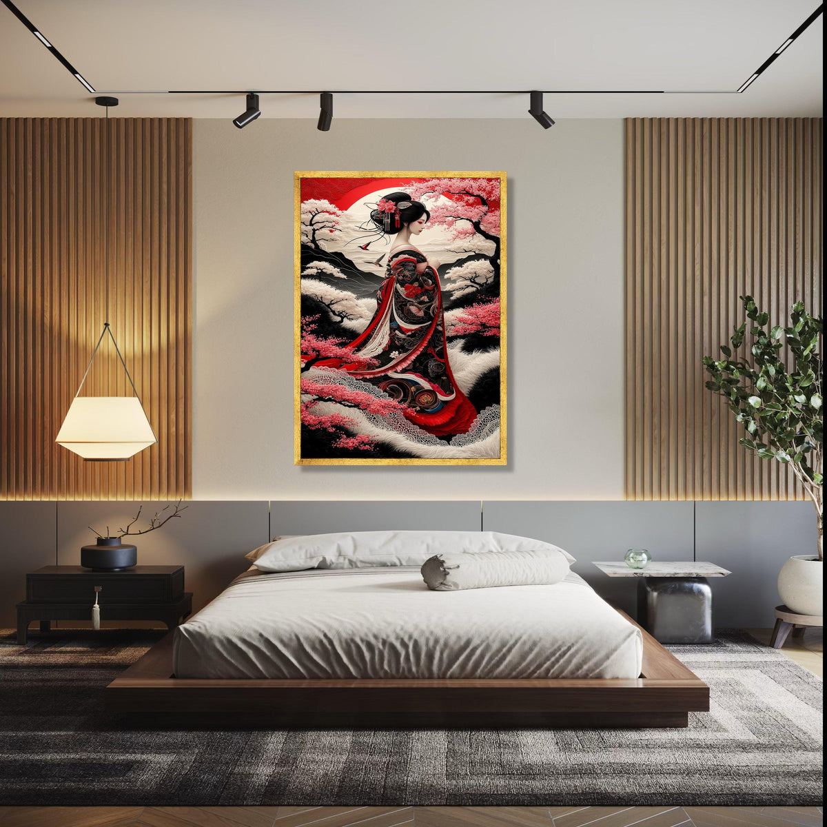 Elegant Geisha in Traditional Kimono, Japanese Cherry Blossom Canvas, Oriental Woman Portrait Wall Art, Red and Gift Art, Home Decor, Print