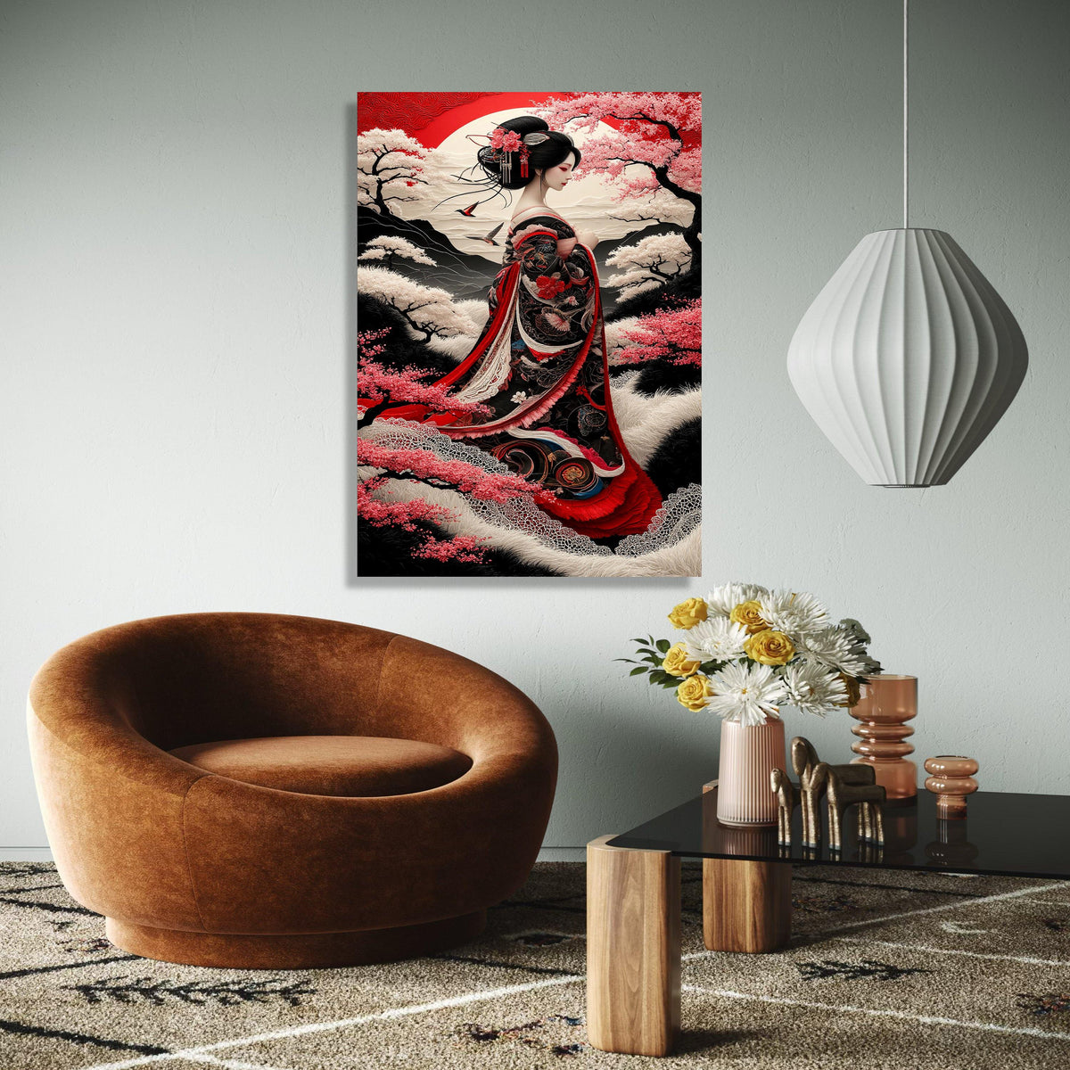 Elegant Geisha in Traditional Kimono, Japanese Cherry Blossom Canvas, Oriental Woman Portrait Wall Art, Red and Gift Art, Home Decor, Print