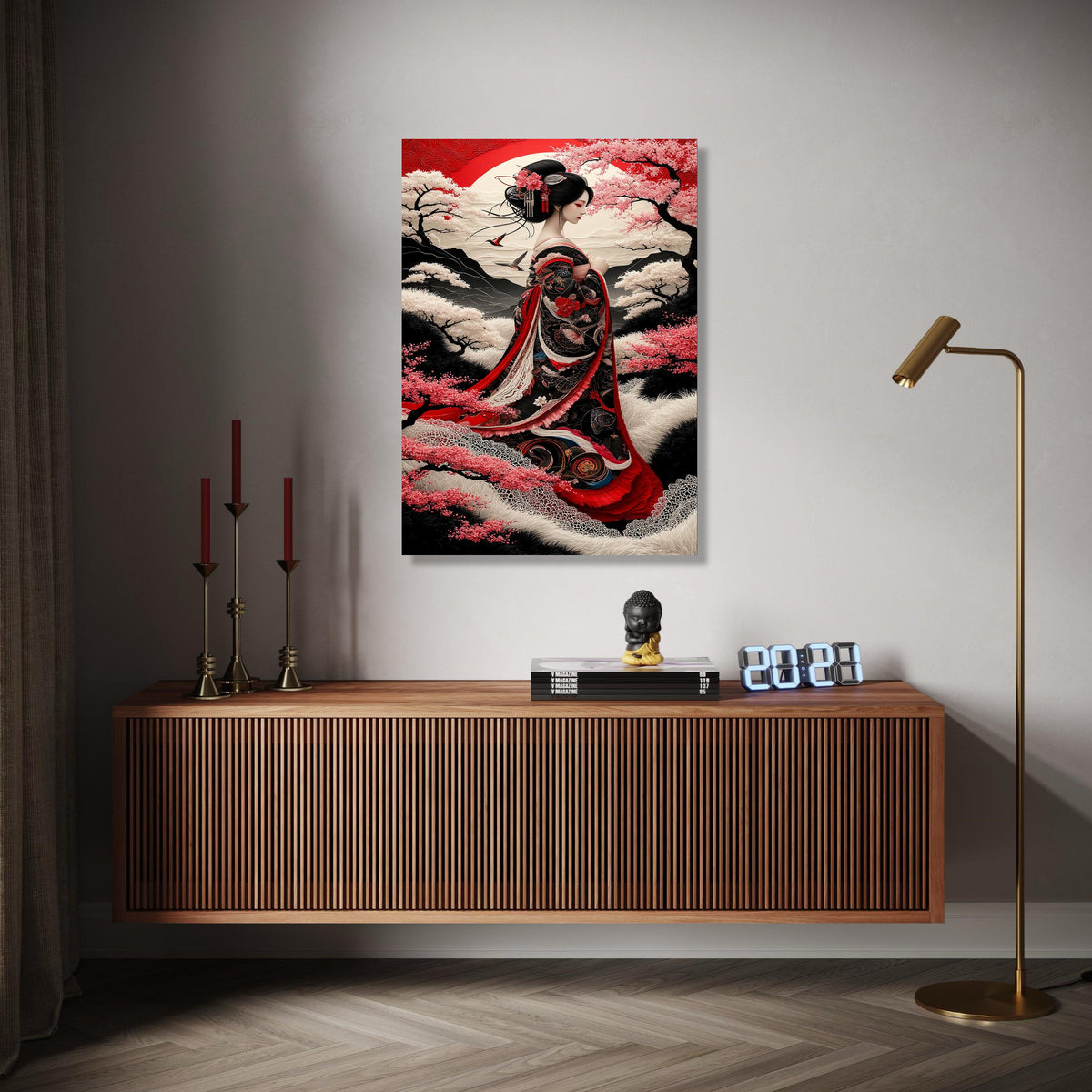Elegant Geisha in Traditional Kimono, Japanese Cherry Blossom Canvas, Oriental Woman Portrait Wall Art, Red and Gift Art, Home Decor, Print