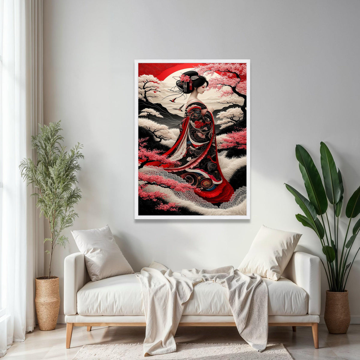 Elegant Geisha in Traditional Kimono, Japanese Cherry Blossom Canvas, Oriental Woman Portrait Wall Art, Red and Gift Art, Home Decor, Print