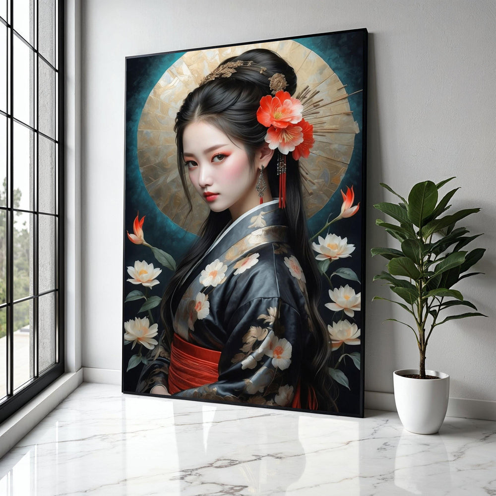 Elegant Asian Woman Portrait Canvas, Traditional Kimono Art, Floral Hair Accessories, Oriental Wall Art, Gift Art, Home Decor, Print