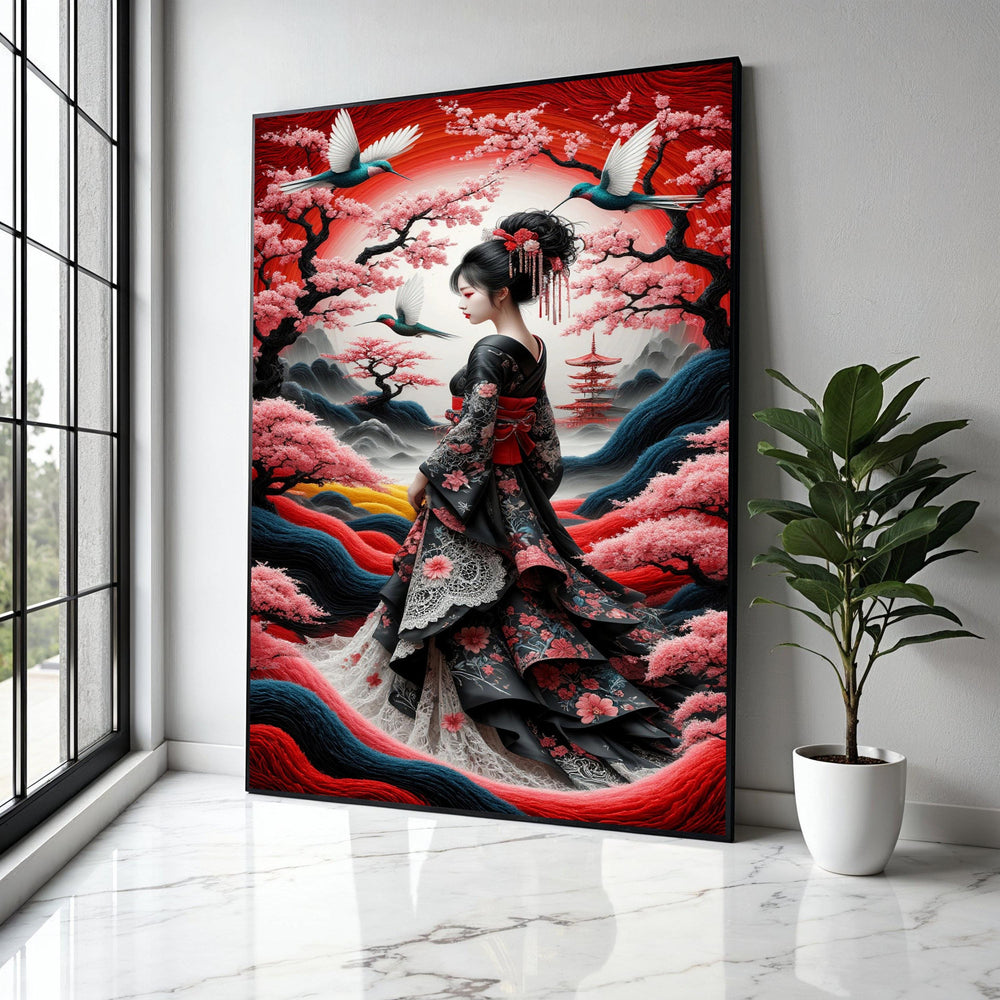 Elegant Geisha with Cherry Blossoms Canvas, Japanese Kimono Wall Art, Asian Woman Nature Scene, Traditional Gift Art, Home Decor, Print