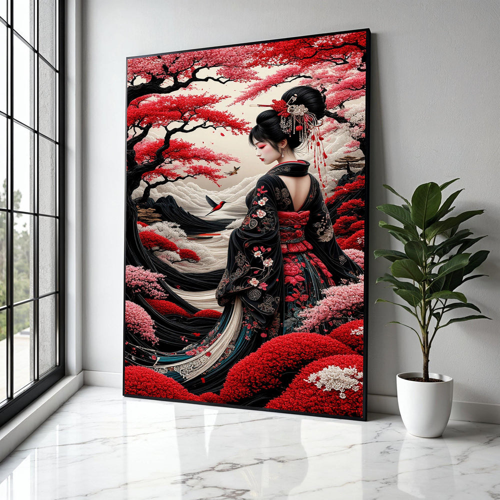 Elegant Geisha in Red Kimono Canvas Wall Art, Japanese Cherry Blossom Landscape, Asian Traditional Dress Gift Art, Home Decor, Print