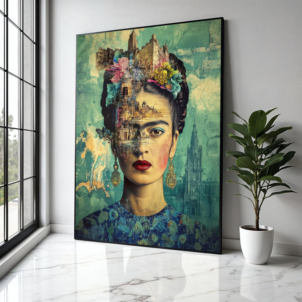 Frida Kahlo Portrait Canvas Wall Art, Surreal Artistic Face Collage, Floral Headpiece Home Decoration, Mexican Gift Art, Home Decor, Print