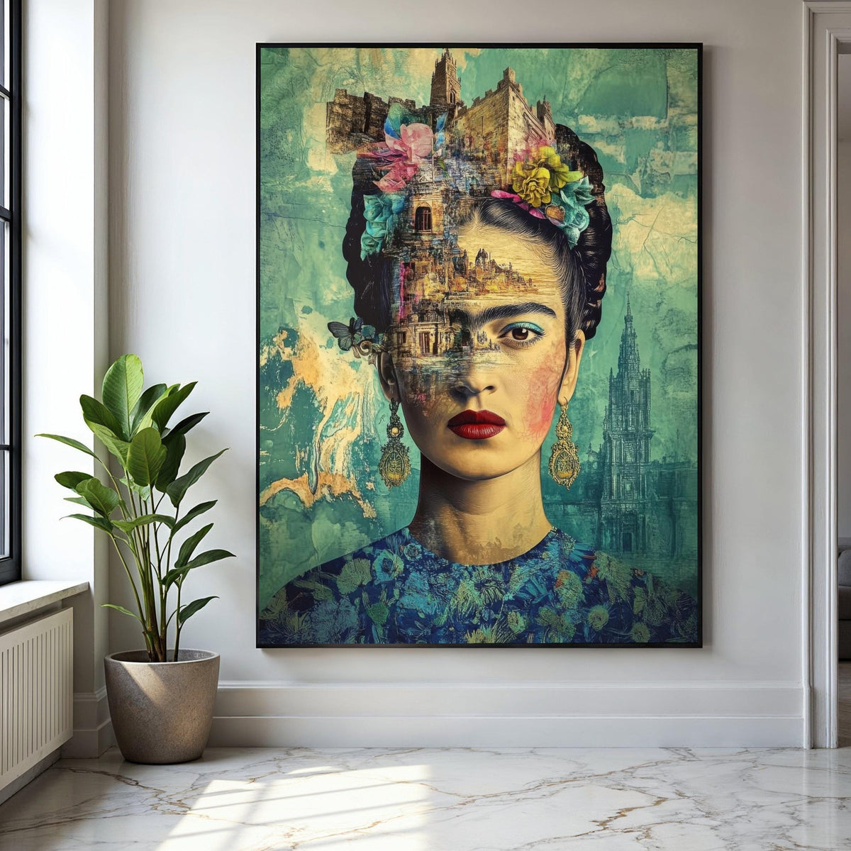 Frida Kahlo Portrait Canvas Wall Art, Surreal Artistic Face Collage, Floral Headpiece Home Decoration, Mexican Gift Art, Home Decor, Print