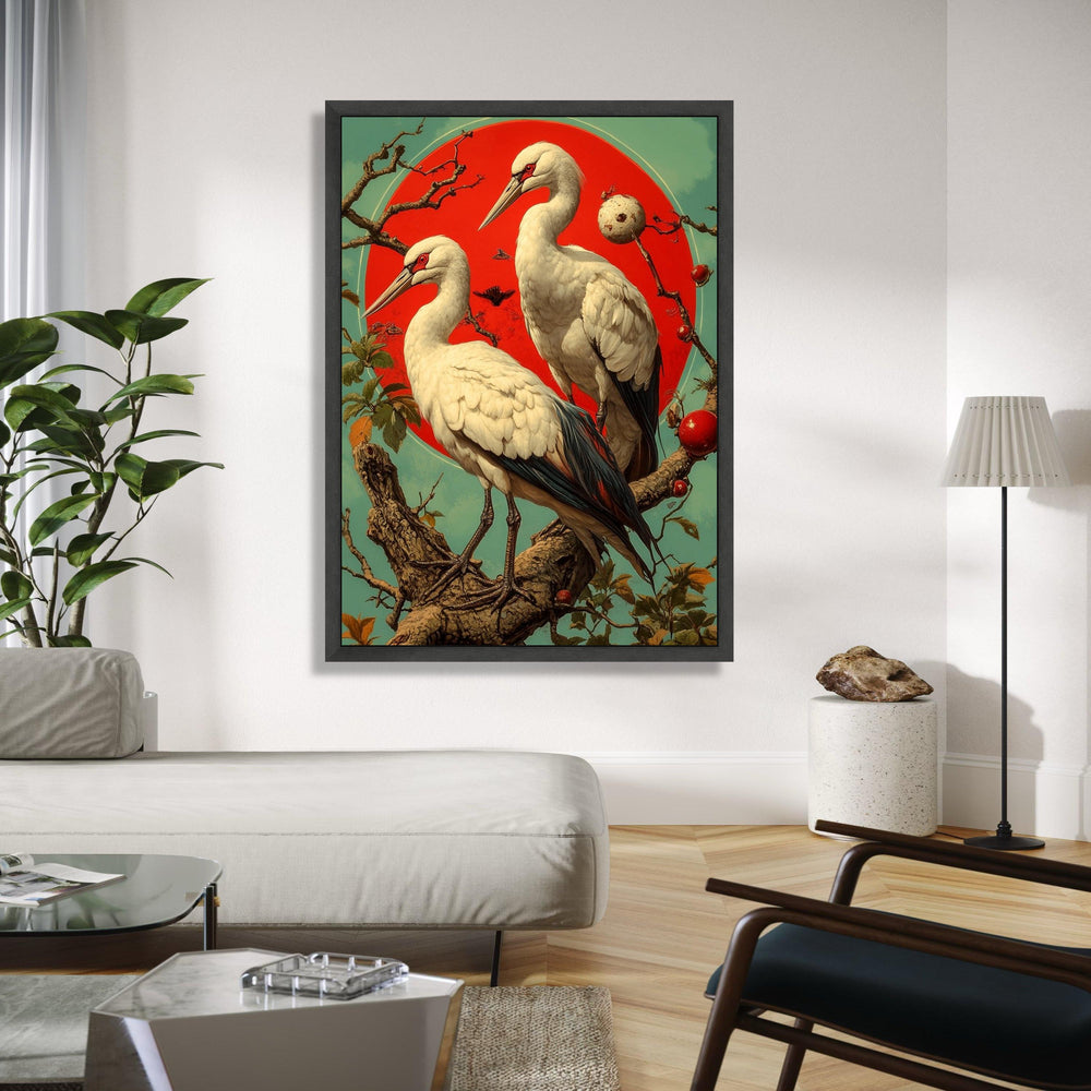 Elegant White Cranes Canvas Wall Art, Red Sun Nature Scene, Bird Illustration, Asian Style Home Decoration, Gift Art, Home Decor, Print