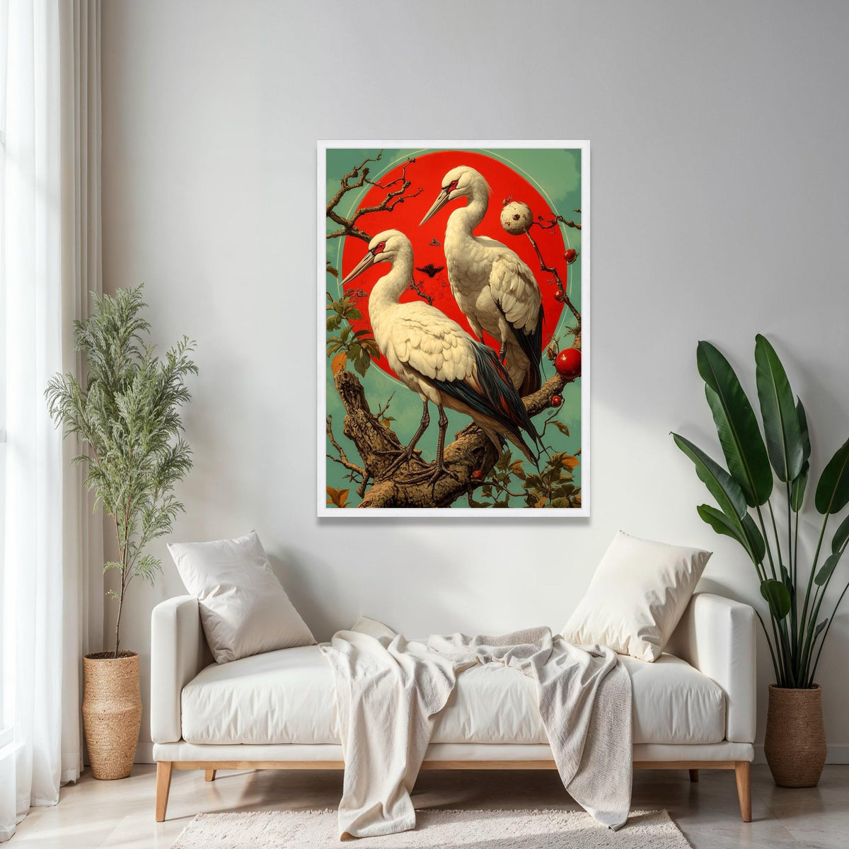 Elegant White Cranes Canvas Wall Art, Red Sun Nature Scene, Bird Illustration, Asian Style Home Decoration, Gift Art, Home Decor, Print