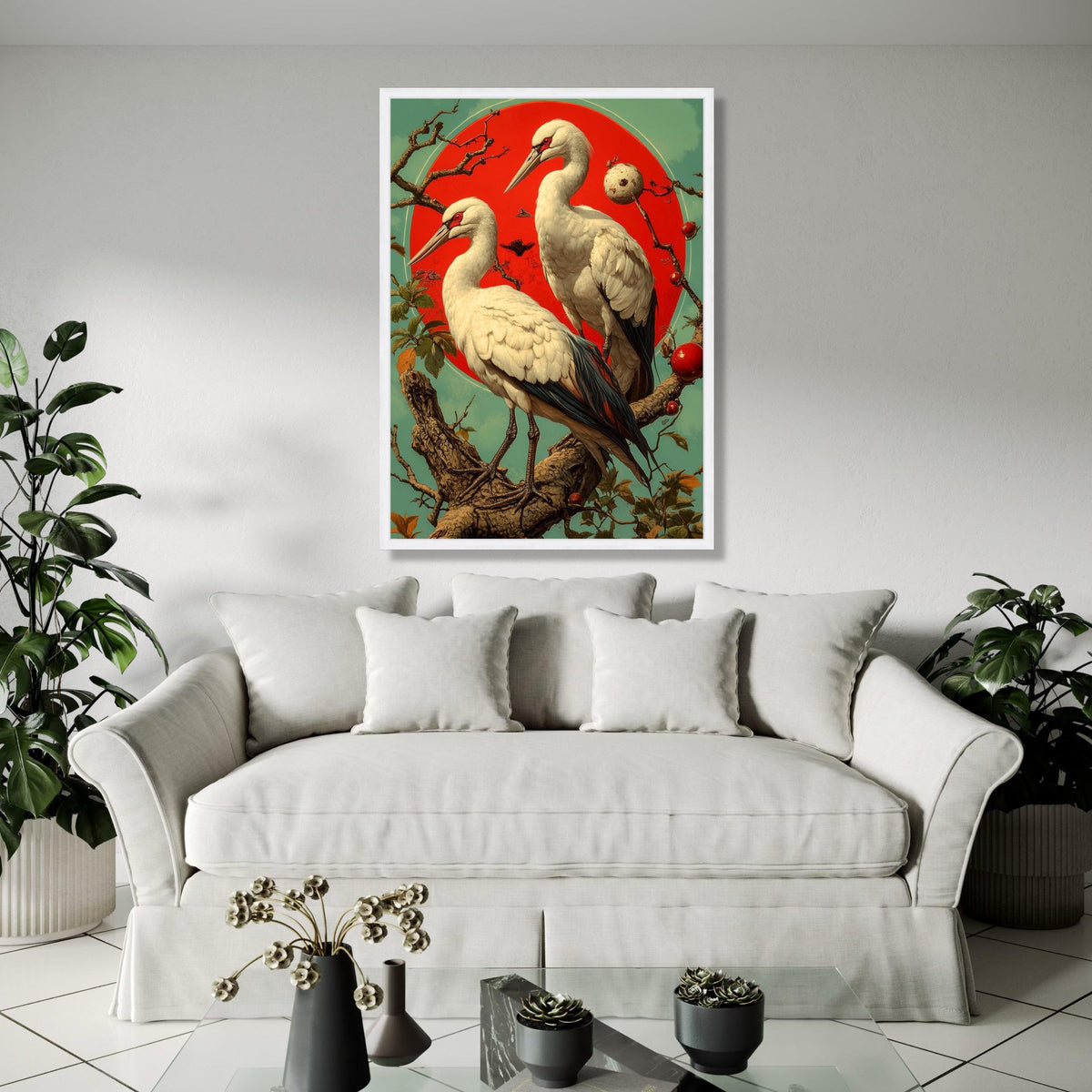 Elegant White Cranes Canvas Wall Art, Red Sun Nature Scene, Bird Illustration, Asian Style Home Decoration, Gift Art, Home Decor, Print