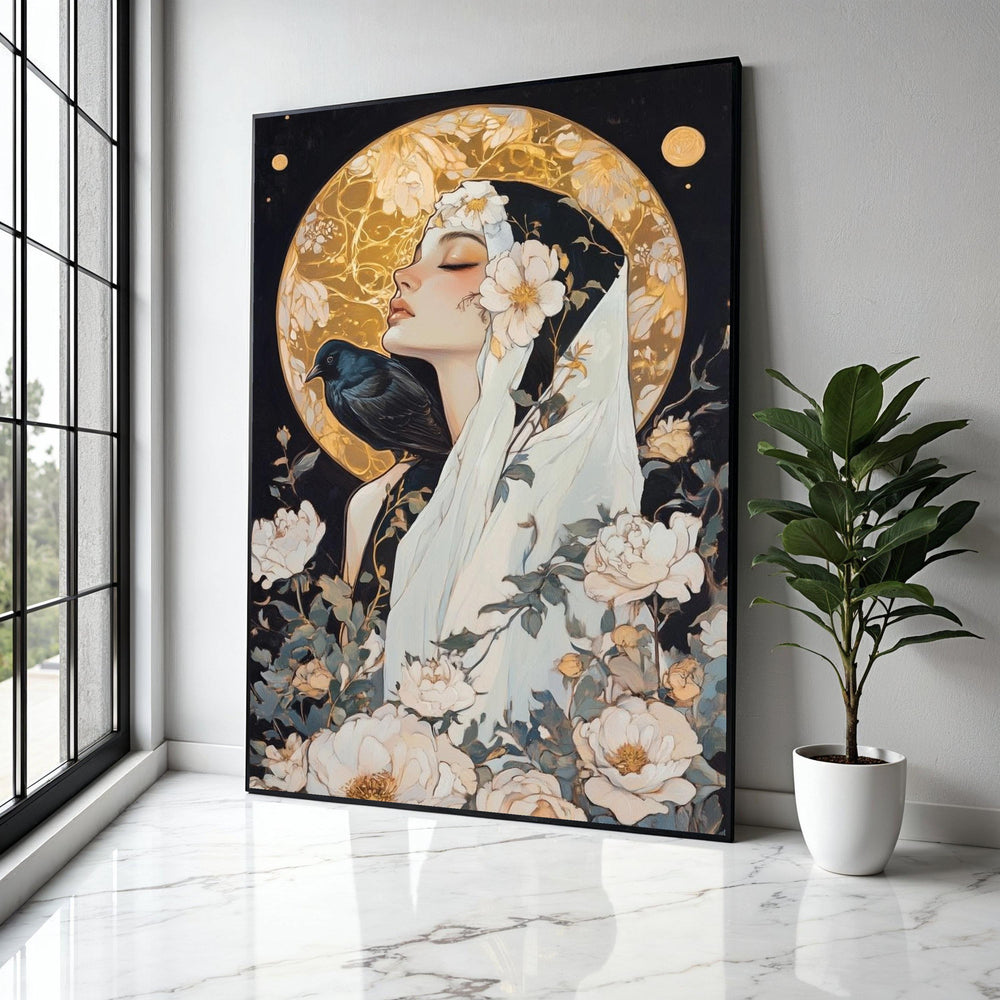 Mystical Woman with Crow Canvas, Golden Halo Floral Wall Art, Ethereal Portrait Painting, Elegant Home Gift Art, Home Decor, Print