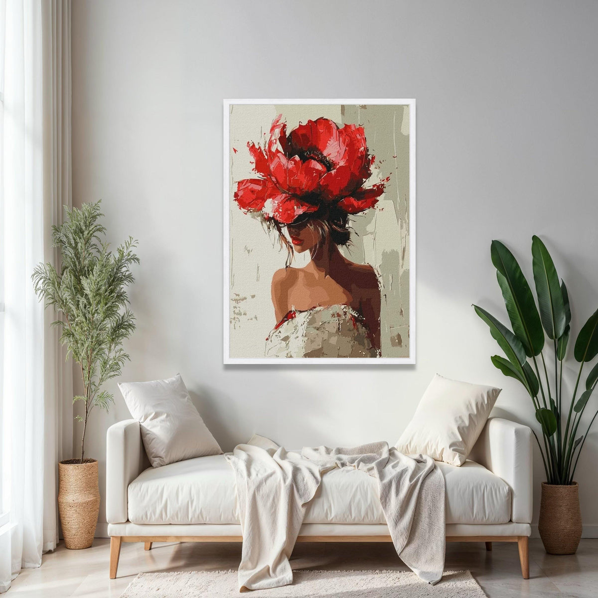 Elegant Woman in Red Floral Hat Canvas, Modern Figurative Art, Fashion Wall Decor, Feminine Portrait Painting, Gift Art, Home Decor, Print