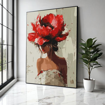 Elegant Woman in Red Floral Hat Canvas, Modern Figurative Art, Fashion Wall Decor, Feminine Portrait Painting, Gift Art, Home Decor, Print