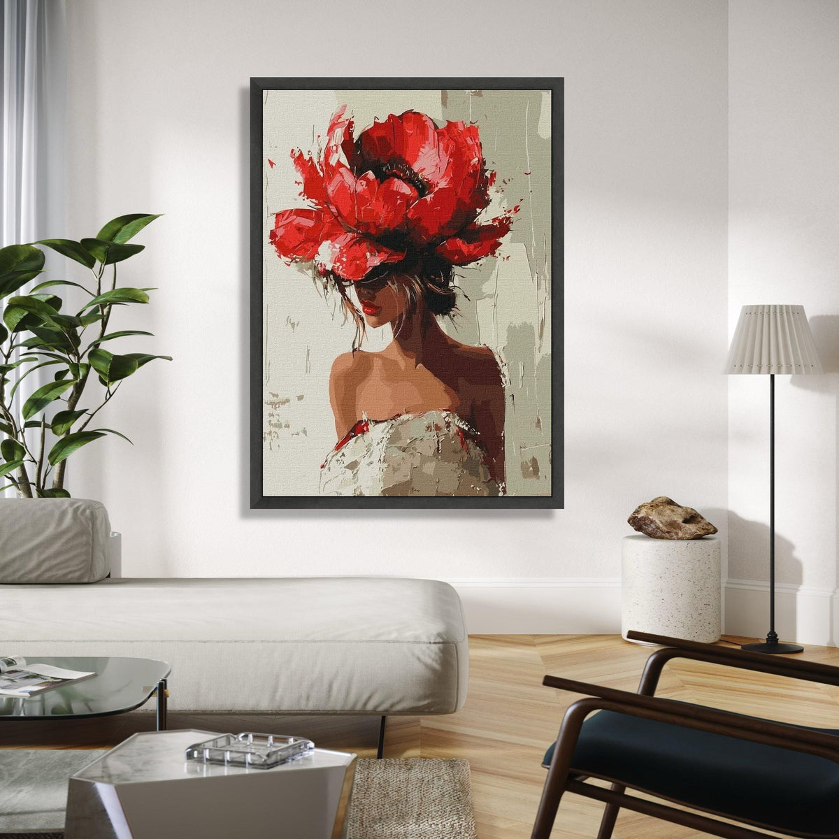 Elegant Woman in Red Floral Hat Canvas, Modern Figurative Art, Fashion Wall Decor, Feminine Portrait Painting, Gift Art, Home Decor, Print