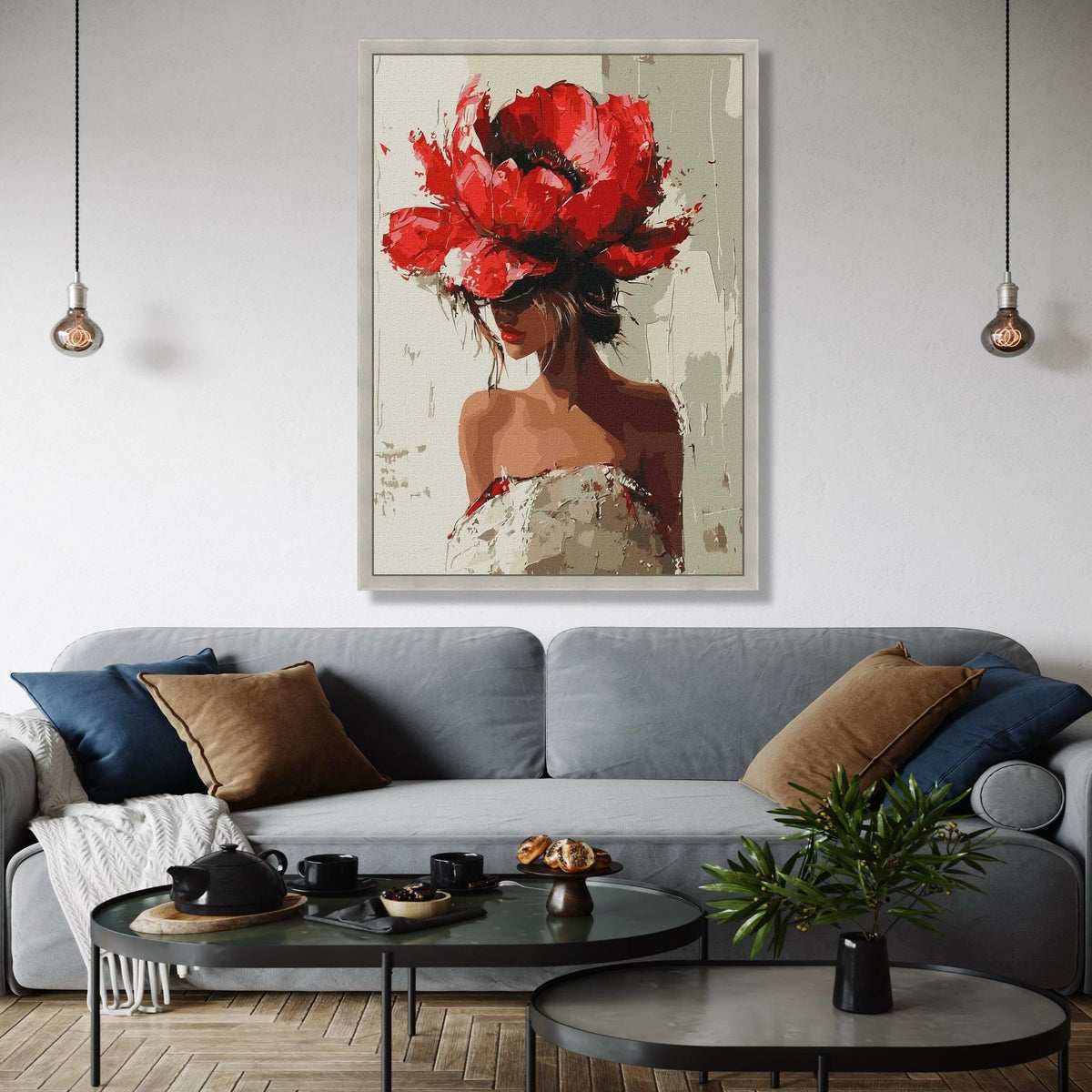 Elegant Woman in Red Floral Hat Canvas, Modern Figurative Art, Fashion Wall Decor, Feminine Portrait Painting, Gift Art, Home Decor, Print