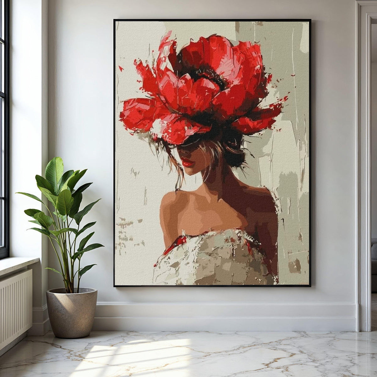 Elegant Woman in Red Floral Hat Canvas, Modern Figurative Art, Fashion Wall Decor, Feminine Portrait Painting, Gift Art, Home Decor, Print