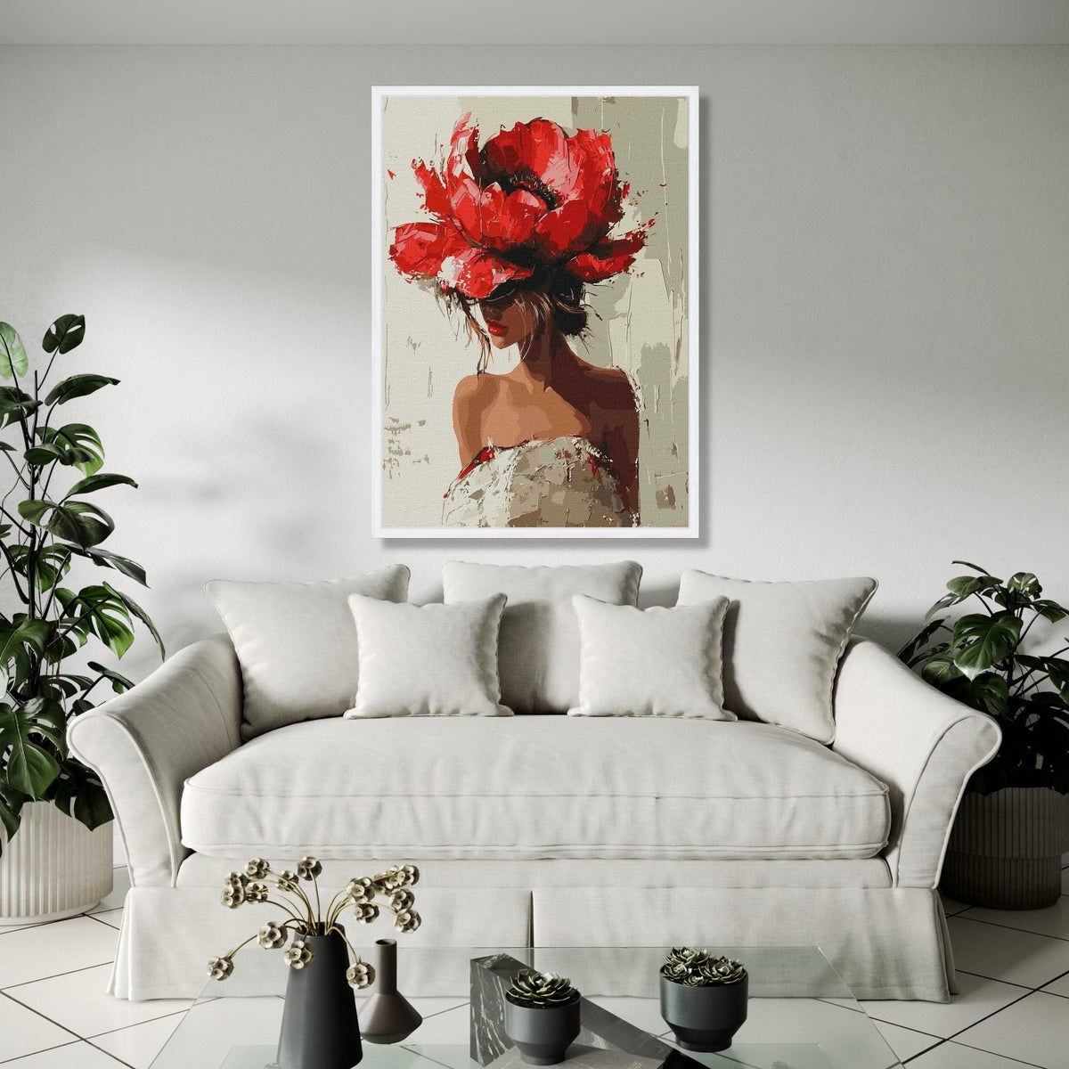 Elegant Woman in Red Floral Hat Canvas, Modern Figurative Art, Fashion Wall Decor, Feminine Portrait Painting, Gift Art, Home Decor, Print