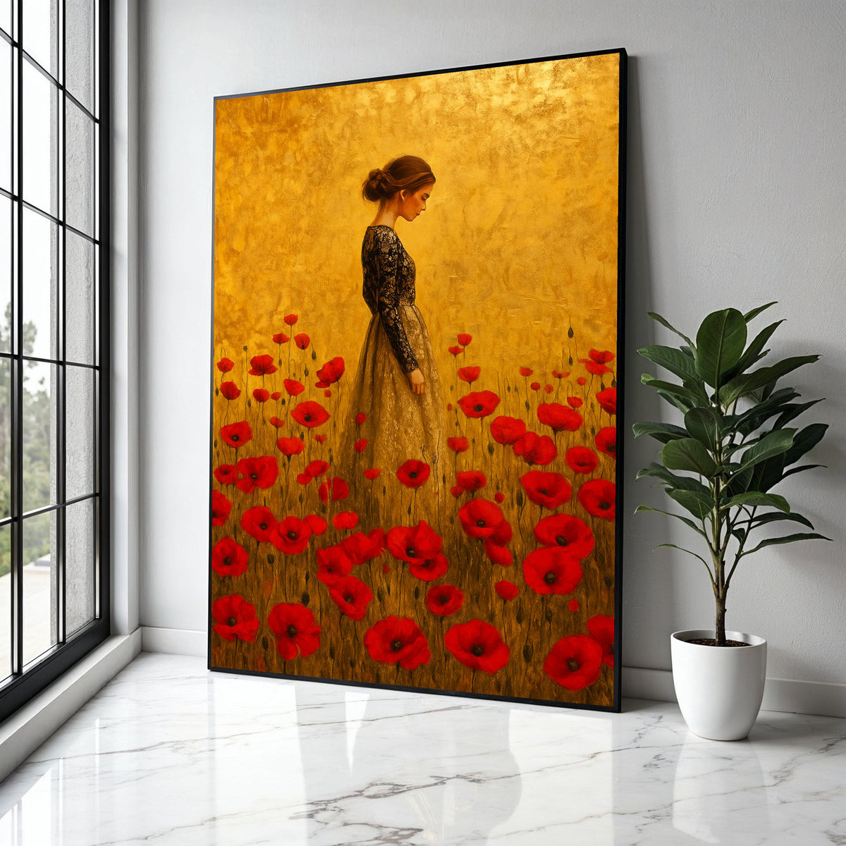 Elegant Woman in Lace Dress Canvas, Red Poppy Field Wall Art, Vintage Style Portrait Painting, Floral Home Gift Art, Home Decor, Print