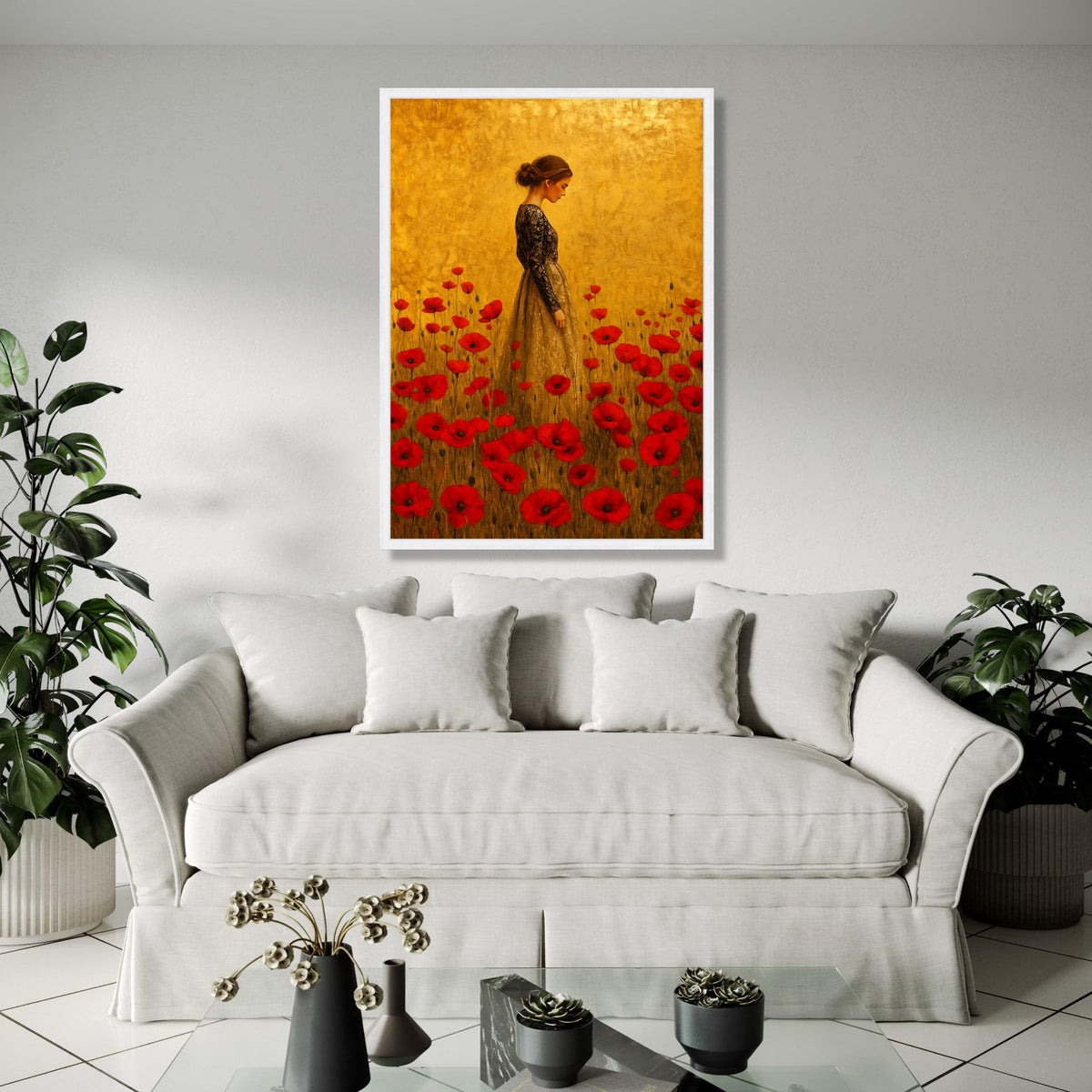 Elegant Woman in Lace Dress Canvas, Red Poppy Field Wall Art, Vintage Style Portrait Painting, Floral Home Gift Art, Home Decor, Print