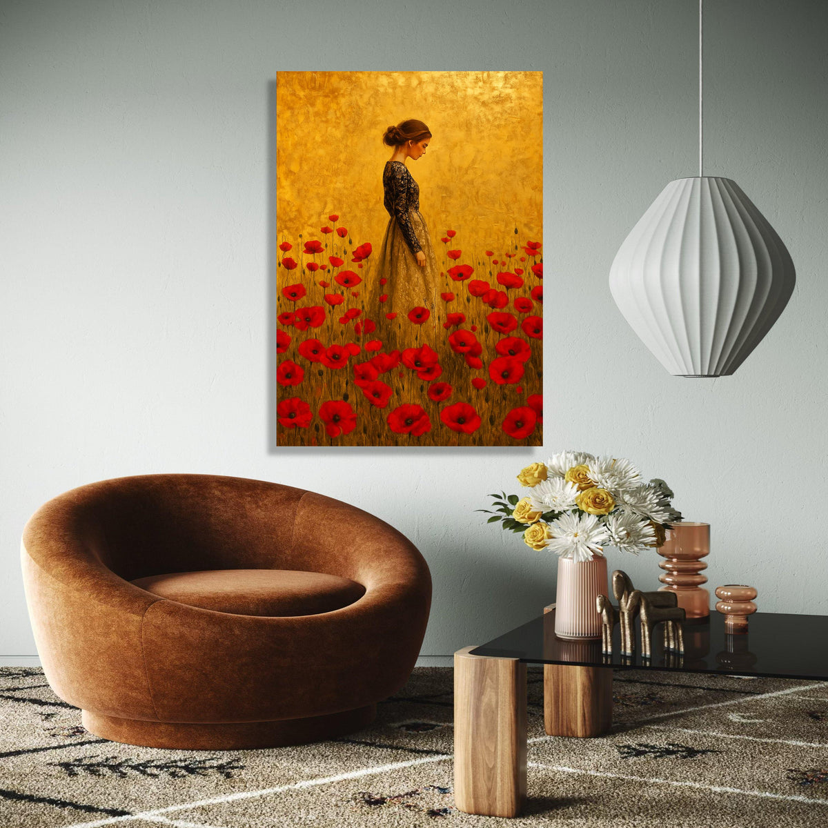 Elegant Woman in Lace Dress Canvas, Red Poppy Field Wall Art, Vintage Style Portrait Painting, Floral Home Gift Art, Home Decor, Print