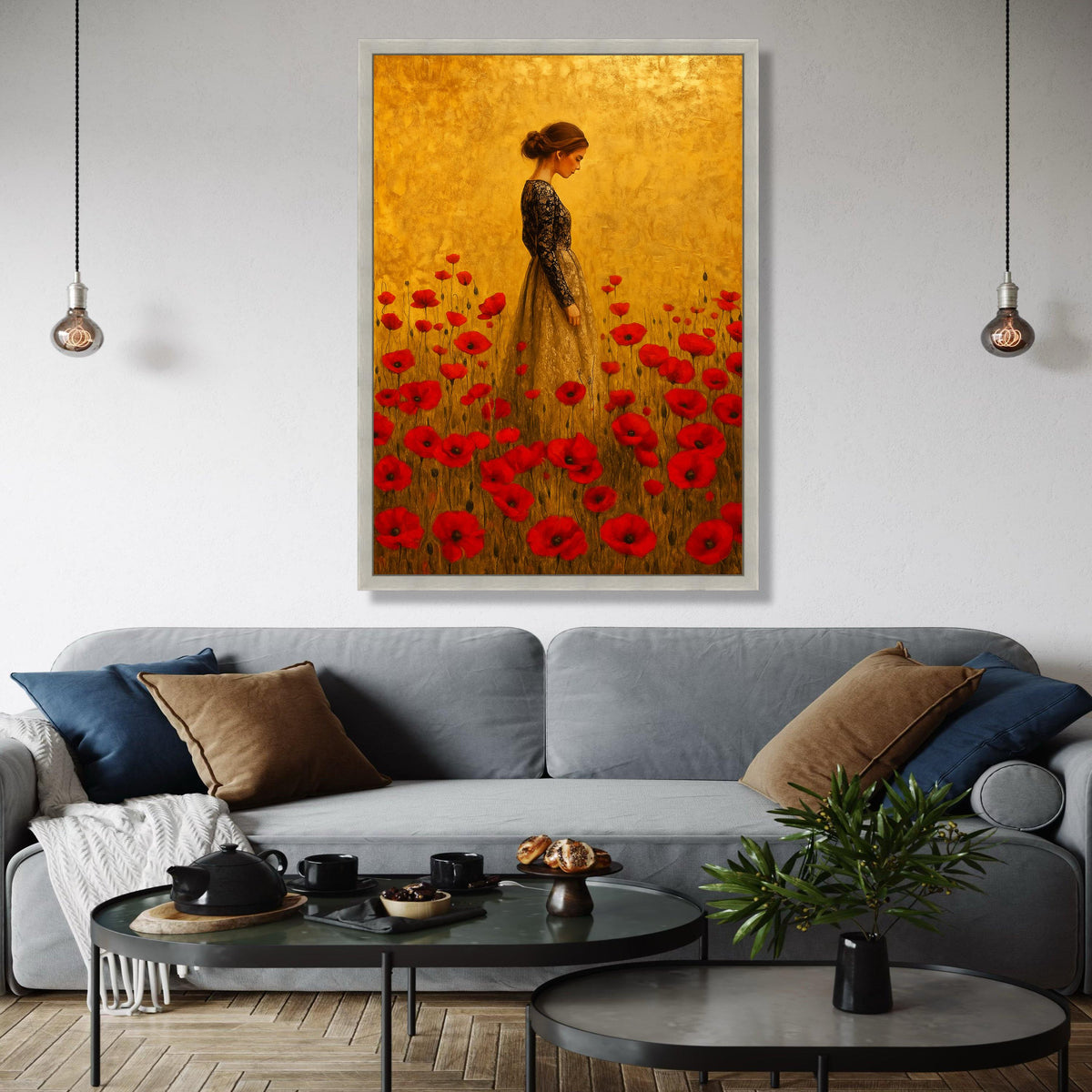 Elegant Woman in Lace Dress Canvas, Red Poppy Field Wall Art, Vintage Style Portrait Painting, Floral Home Gift Art, Home Decor, Print