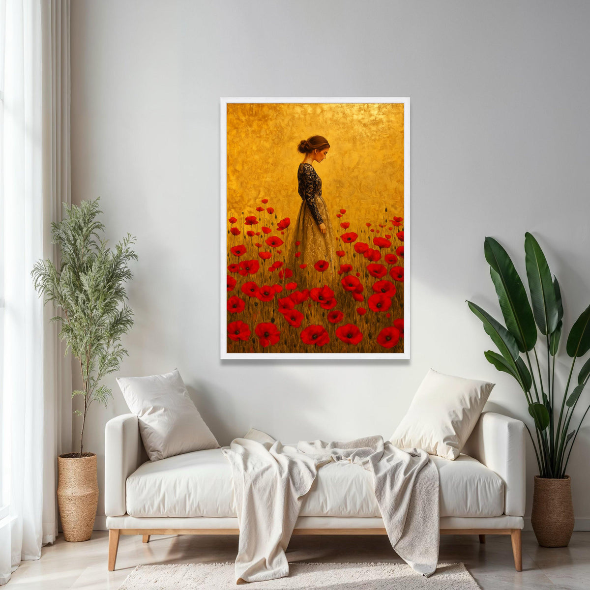 Elegant Woman in Lace Dress Canvas, Red Poppy Field Wall Art, Vintage Style Portrait Painting, Floral Home Gift Art, Home Decor, Print