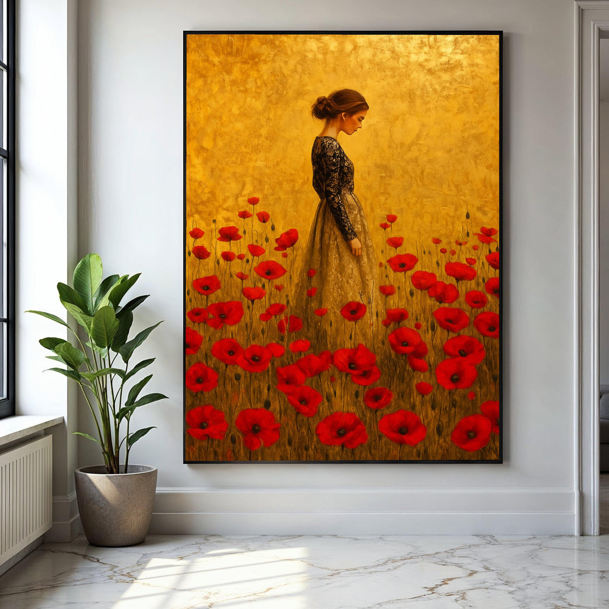 Elegant Woman in Lace Dress Canvas, Red Poppy Field Wall Art, Vintage Style Portrait Painting, Floral Home Gift Art, Home Decor, Print