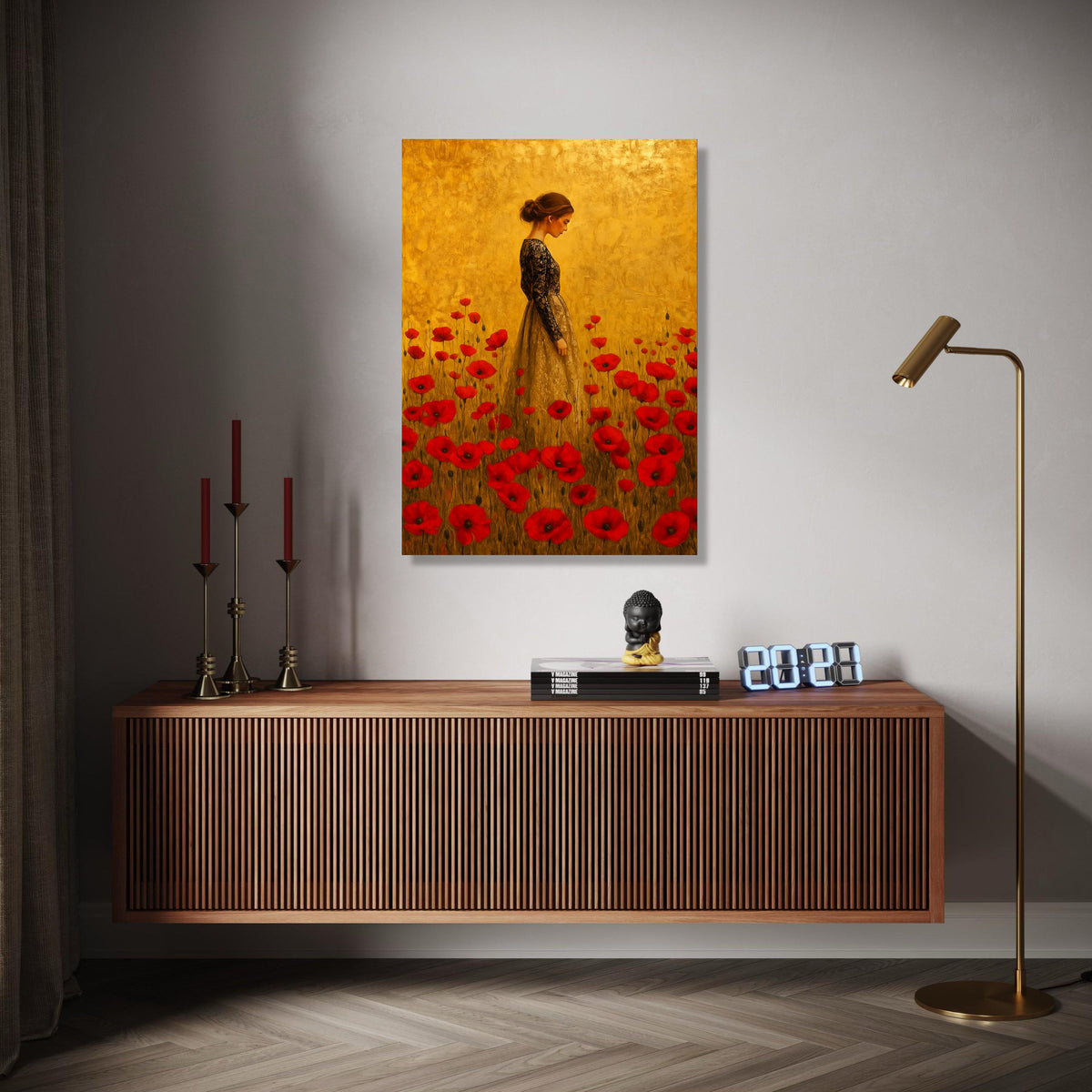 Elegant Woman in Lace Dress Canvas, Red Poppy Field Wall Art, Vintage Style Portrait Painting, Floral Home Gift Art, Home Decor, Print
