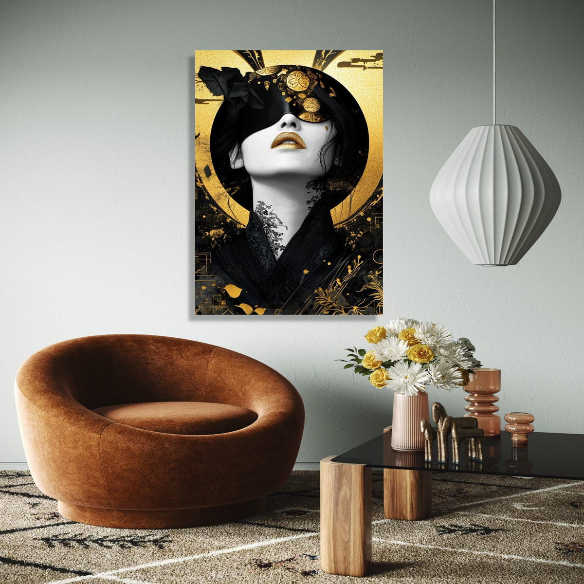 Elegant Geisha Portrait Canvas Wall Art, Japanese Gold and Black Decor, Modern Asian Art Print, Luxury Home Gift Art, Home Decor, Print