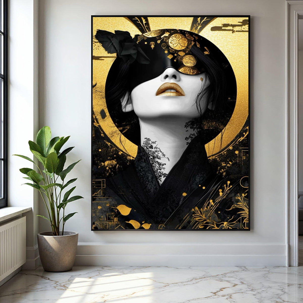 Elegant Geisha Portrait Canvas Wall Art, Japanese Gold and Black Decor, Modern Asian Art Print, Luxury Home Gift Art, Home Decor, Print