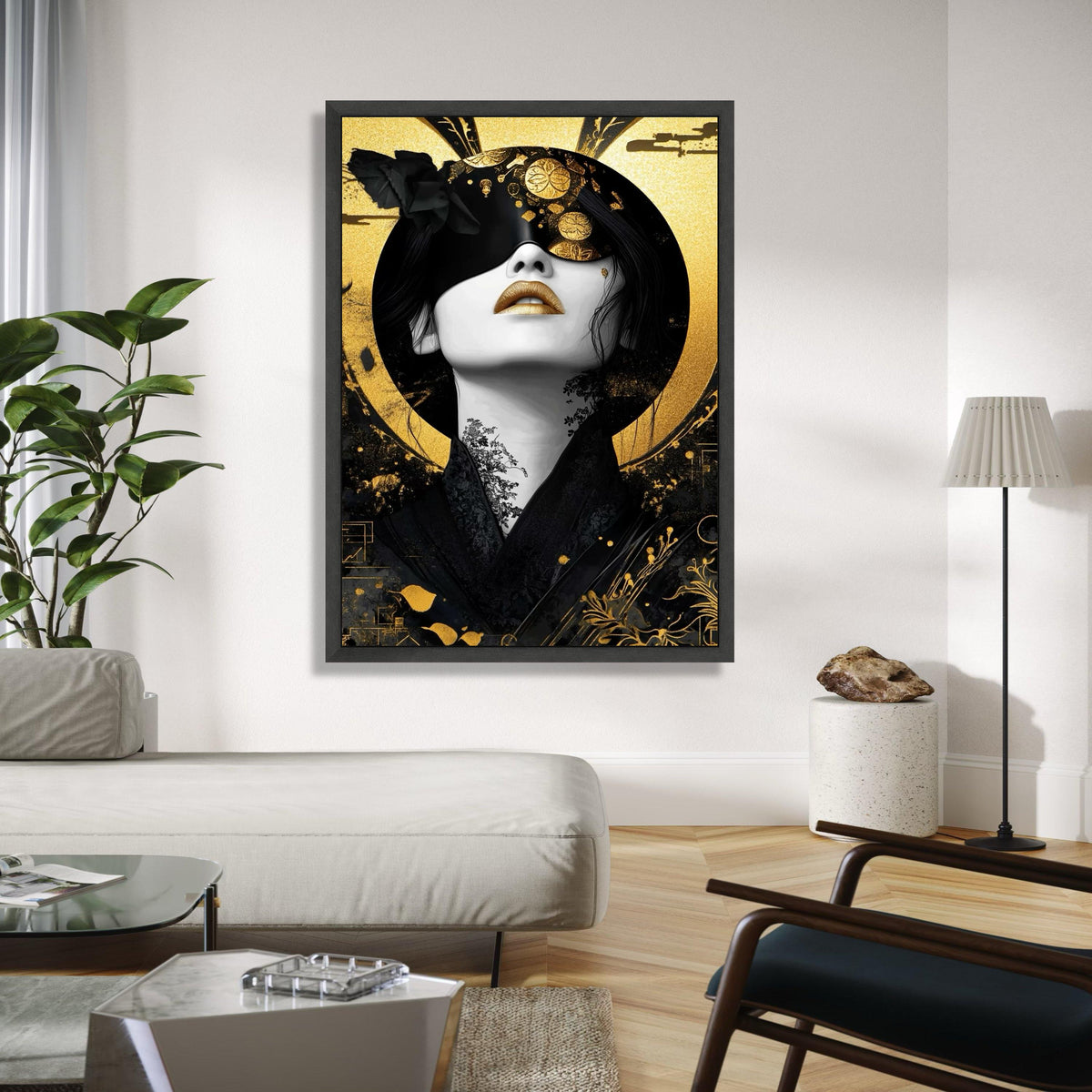 Elegant Geisha Portrait Canvas Wall Art, Japanese Gold and Black Decor, Modern Asian Art Print, Luxury Home Gift Art, Home Decor, Print