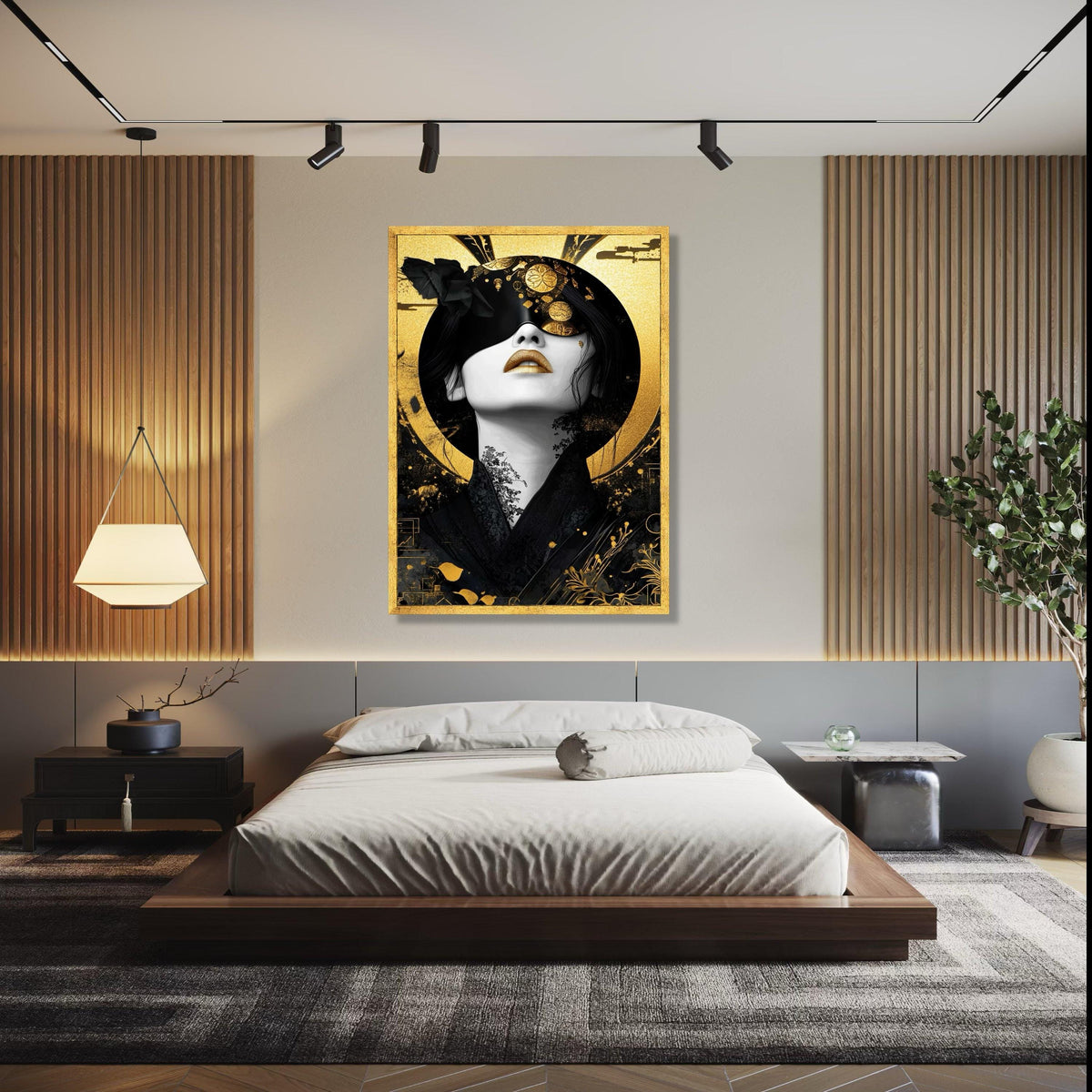 Elegant Geisha Portrait Canvas Wall Art, Japanese Gold and Black Decor, Modern Asian Art Print, Luxury Home Gift Art, Home Decor, Print