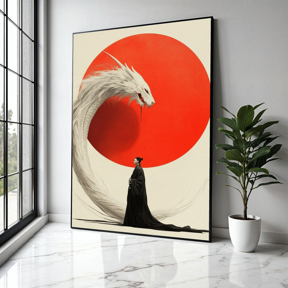 Mystical Dragon Encounter Canvas Wall Art, Japanese Style Red Sun, Oriental Fantasy Illustration, Asian Mythical Gift Art, Home Decor, Print