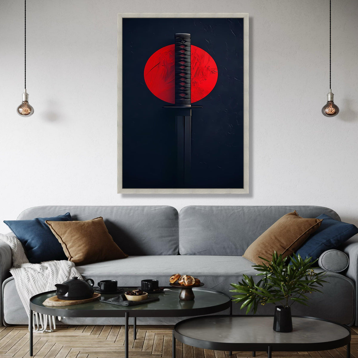 Japanese Katana Sword Canvas Wall Art, Samurai Blade with Red Sun Background, Martial Arts Decor, Modern Asian Gift Art, Home Decor, Print