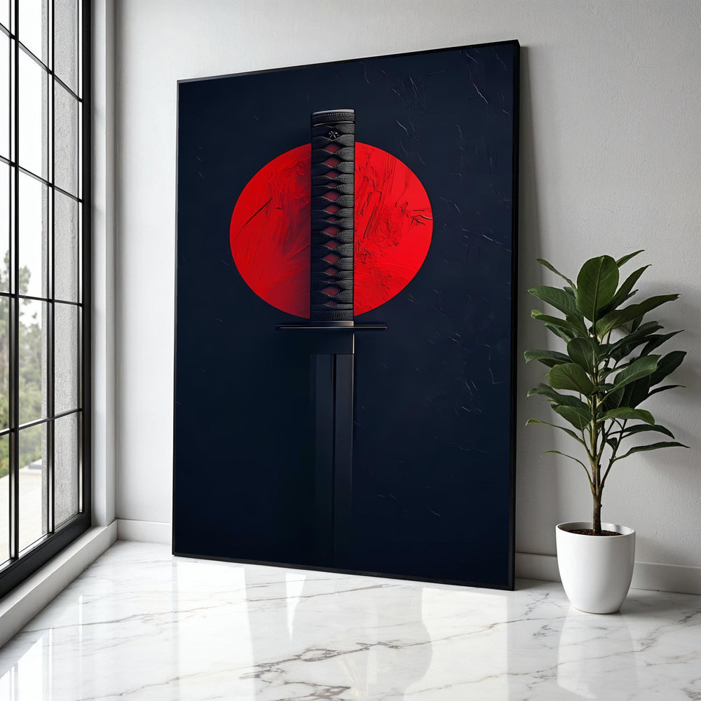 Japanese Katana Sword Canvas Wall Art, Samurai Blade with Red Sun Background, Martial Arts Decor, Modern Asian Gift Art, Home Decor, Print