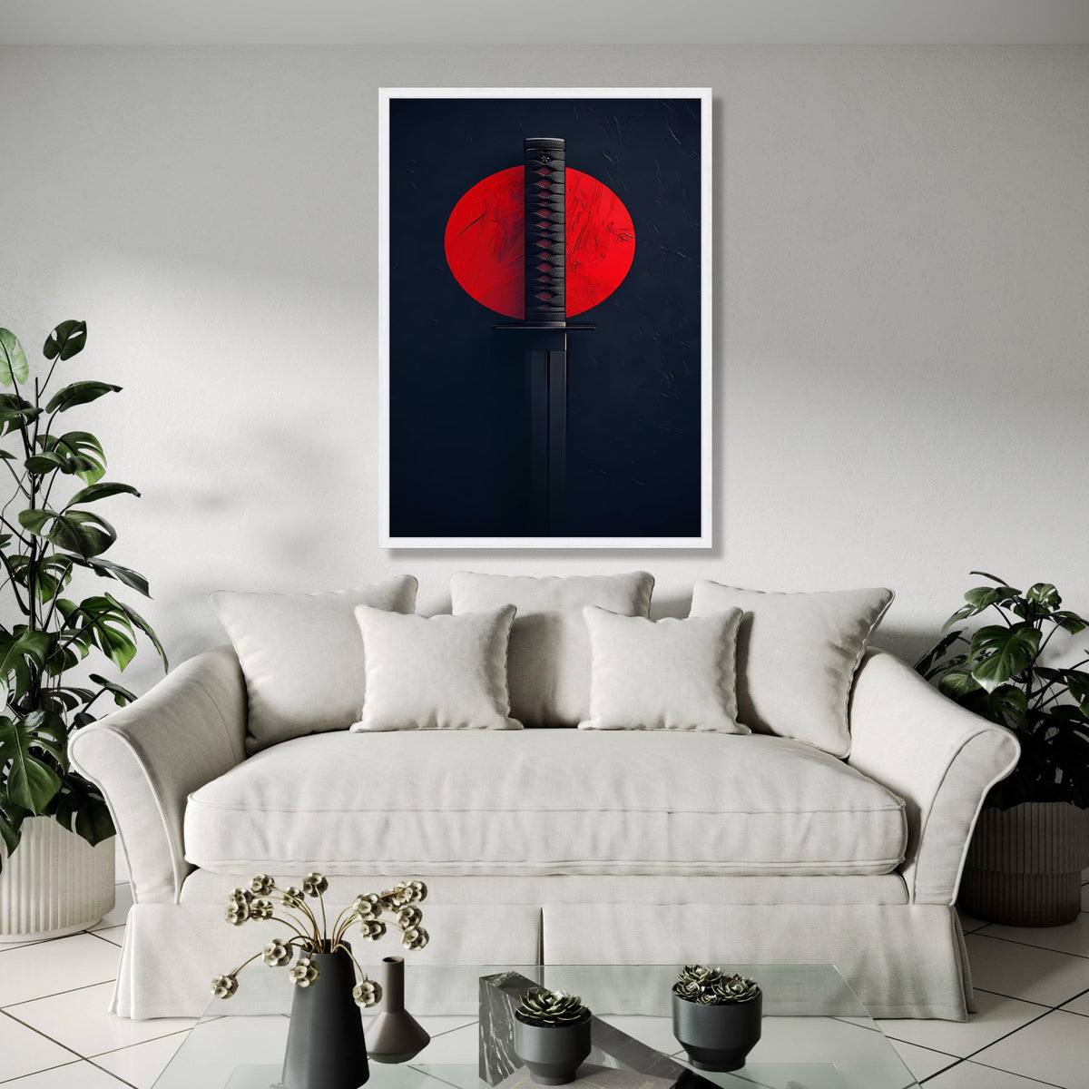 Japanese Katana Sword Canvas Wall Art, Samurai Blade with Red Sun Background, Martial Arts Decor, Modern Asian Gift Art, Home Decor, Print