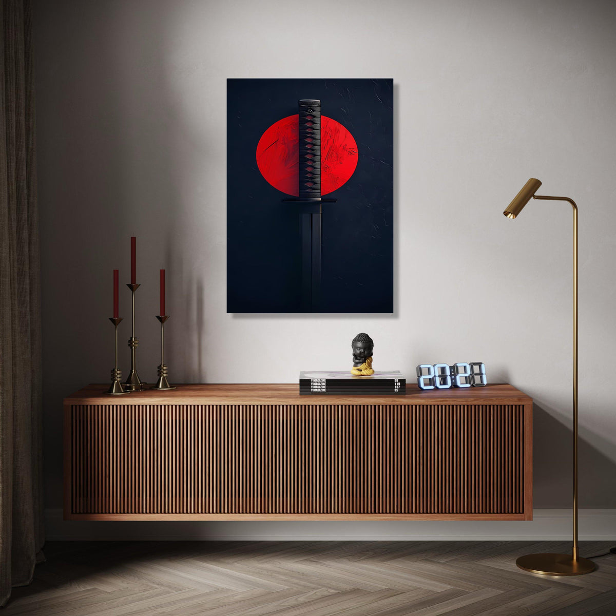 Japanese Katana Sword Canvas Wall Art, Samurai Blade with Red Sun Background, Martial Arts Decor, Modern Asian Gift Art, Home Decor, Print