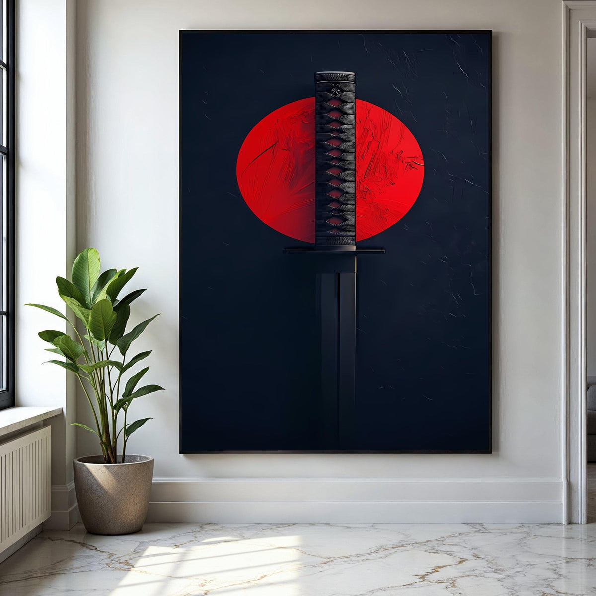 Japanese Katana Sword Canvas Wall Art, Samurai Blade with Red Sun Background, Martial Arts Decor, Modern Asian Gift Art, Home Decor, Print