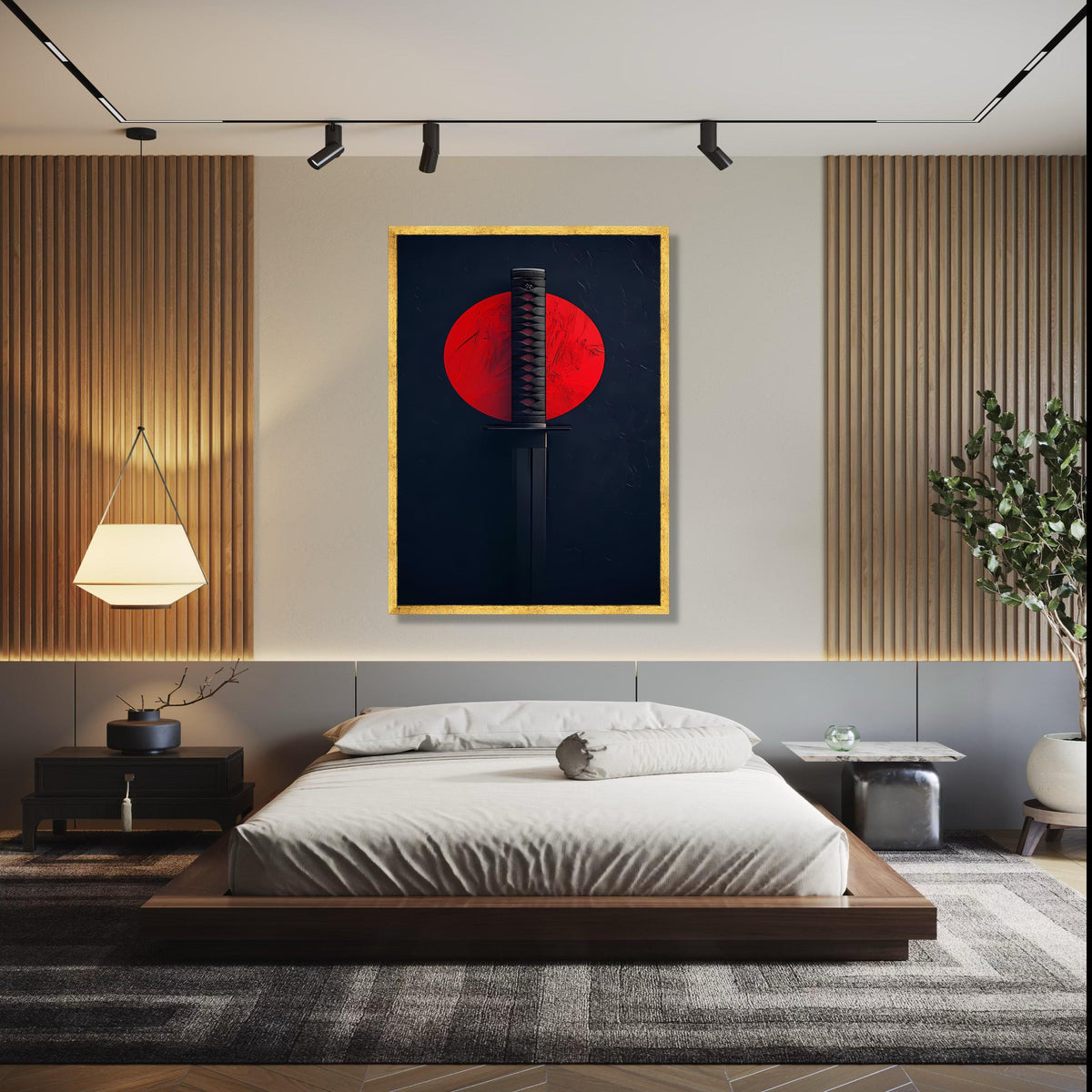 Japanese Katana Sword Canvas Wall Art, Samurai Blade with Red Sun Background, Martial Arts Decor, Modern Asian Gift Art, Home Decor, Print