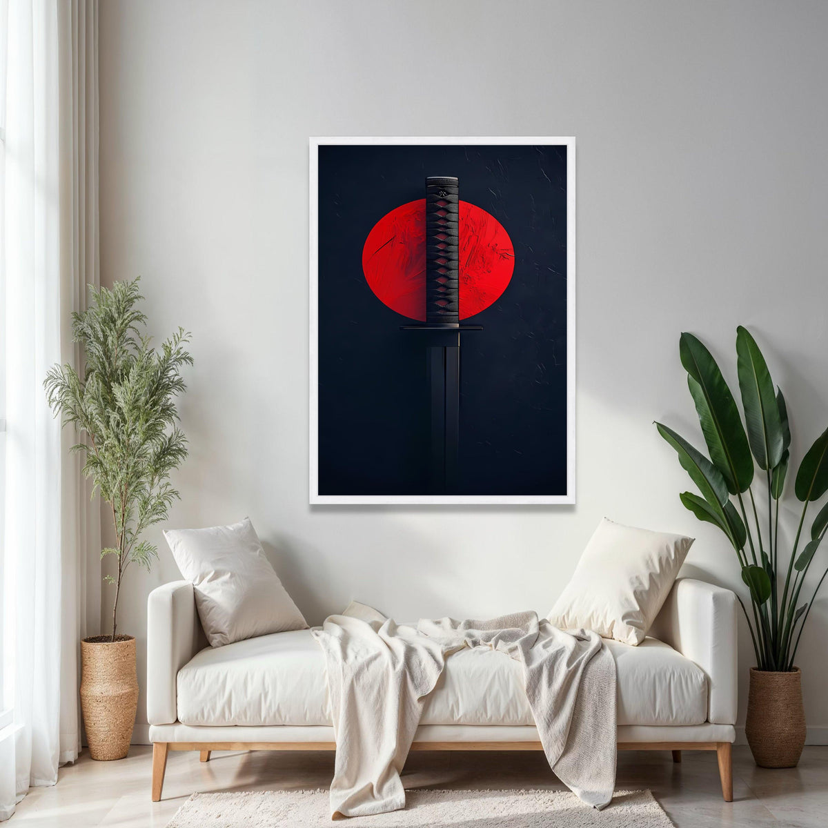 Japanese Katana Sword Canvas Wall Art, Samurai Blade with Red Sun Background, Martial Arts Decor, Modern Asian Gift Art, Home Decor, Print