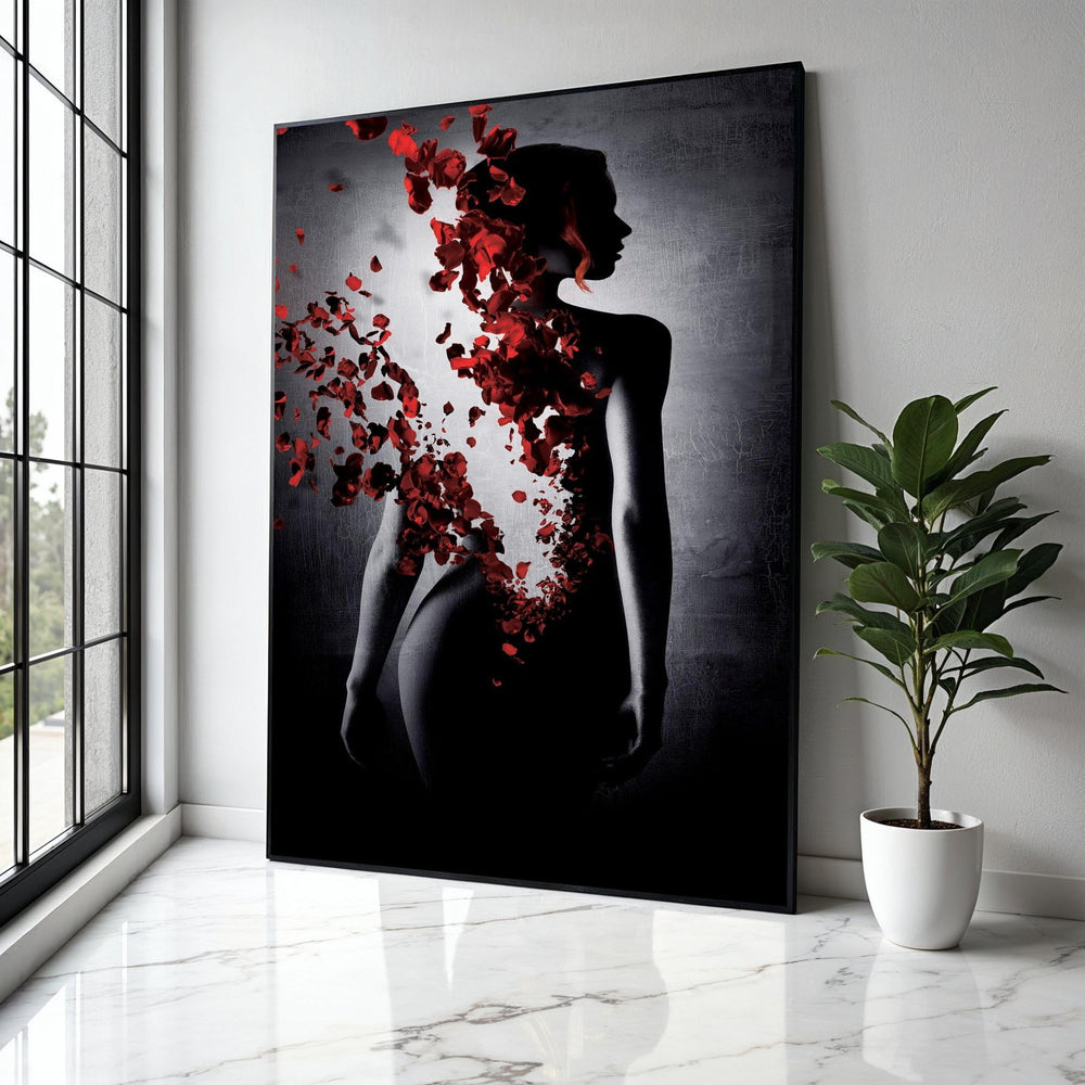 Silhouette Woman Canvas, Red Rose Petals Art, Abstract Female Figure Wall Art, Modern Dark Decor, Romantic Gift Art, Home Decor, Print
