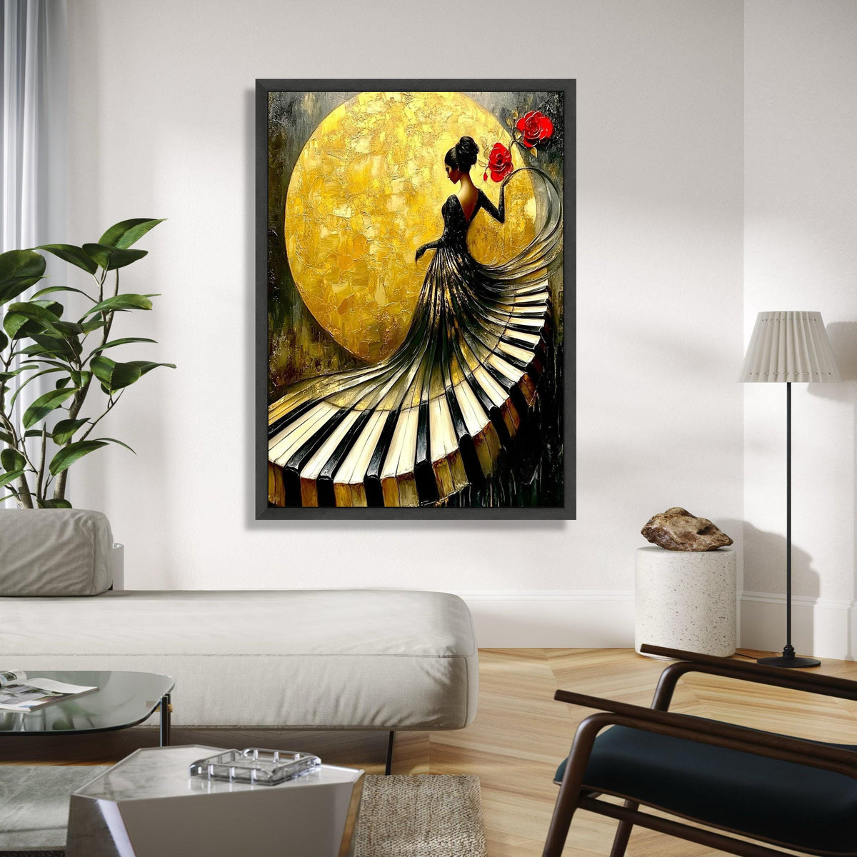 Elegant Woman in Piano Dress Canvas, Musical Art Wall Decor, Gold Background, Red Roses Canvas, Modern Home Gift Art, Home Decor, Print
