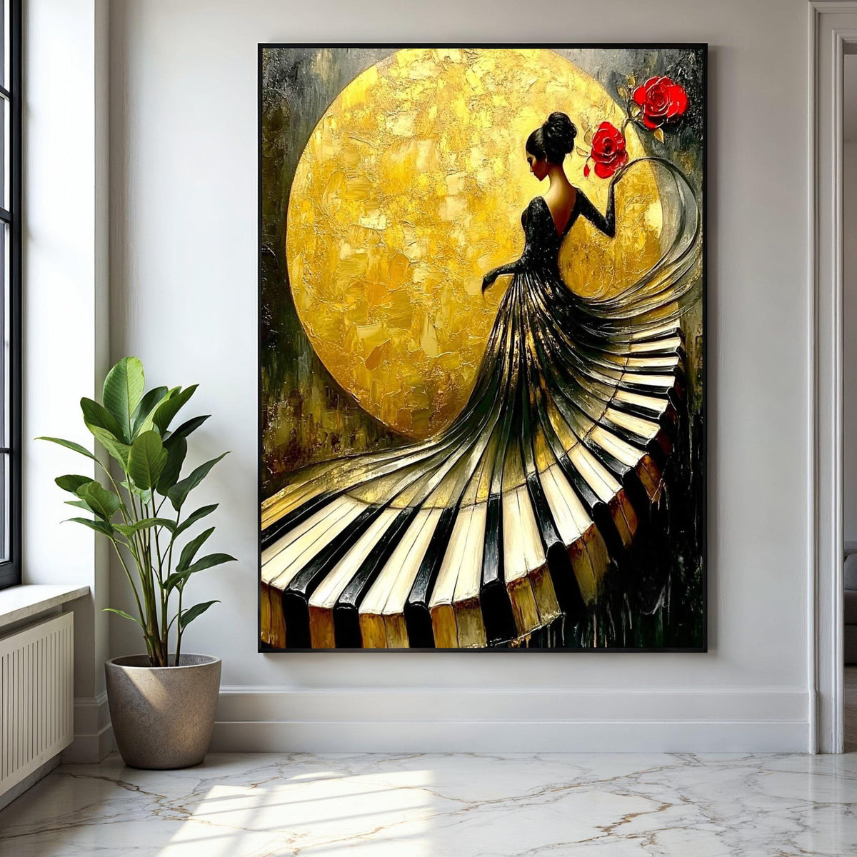 Elegant Woman in Piano Dress Canvas, Musical Art Wall Decor, Gold Background, Red Roses Canvas, Modern Home Gift Art, Home Decor, Print