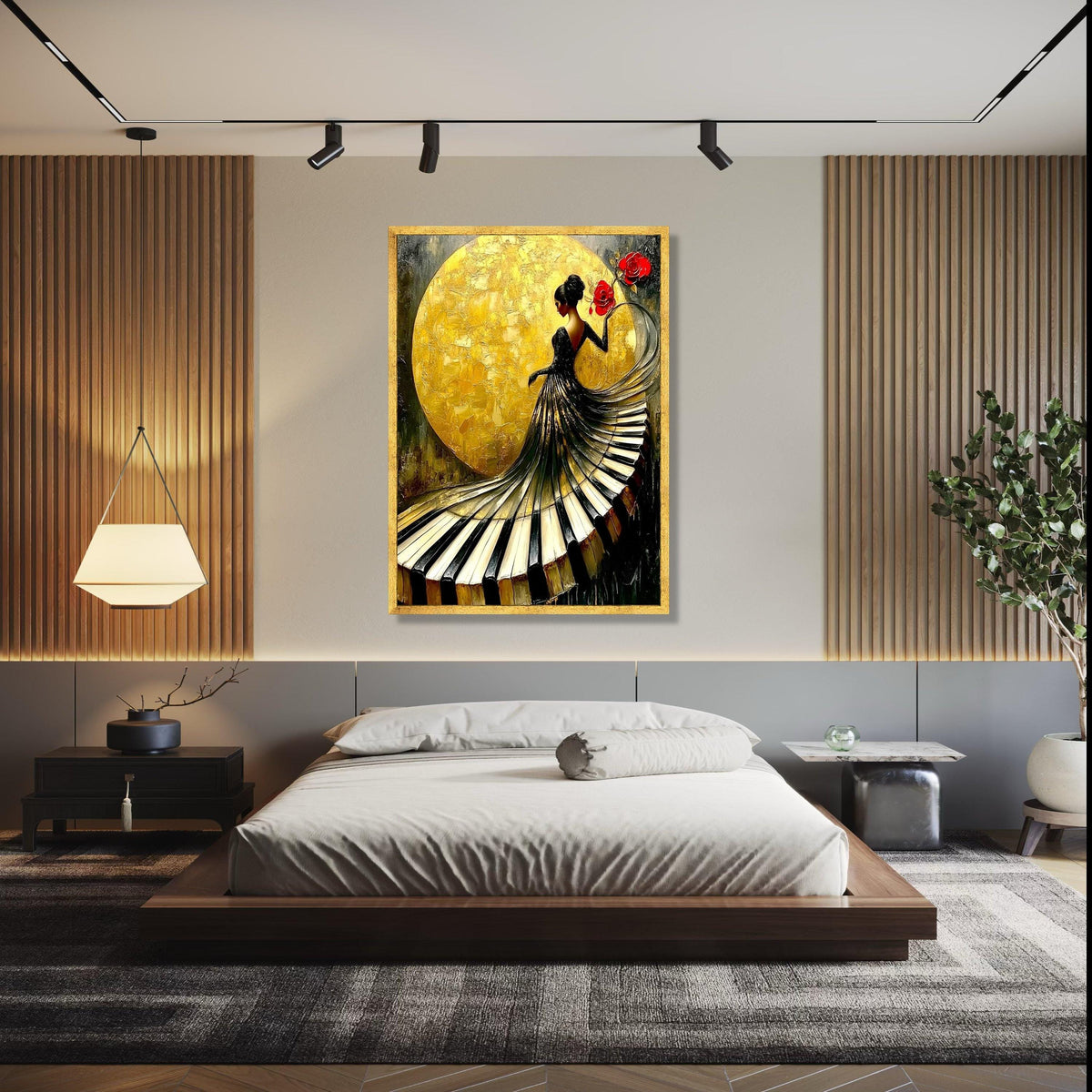 Elegant Woman in Piano Dress Canvas, Musical Art Wall Decor, Gold Background, Red Roses Canvas, Modern Home Gift Art, Home Decor, Print