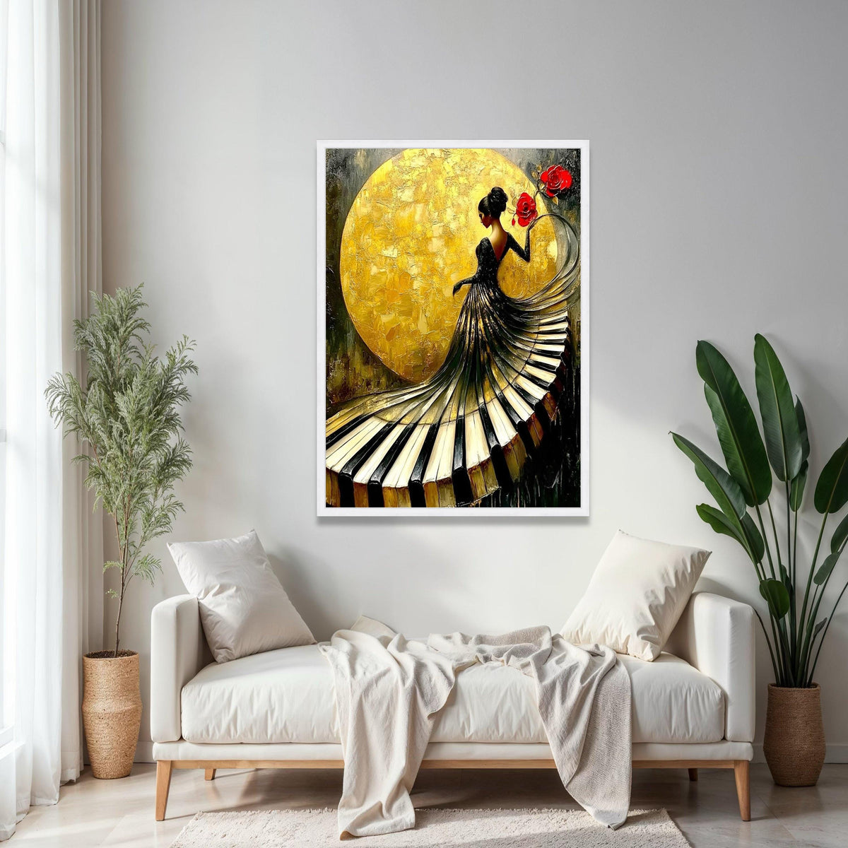 Elegant Woman in Piano Dress Canvas, Musical Art Wall Decor, Gold Background, Red Roses Canvas, Modern Home Gift Art, Home Decor, Print