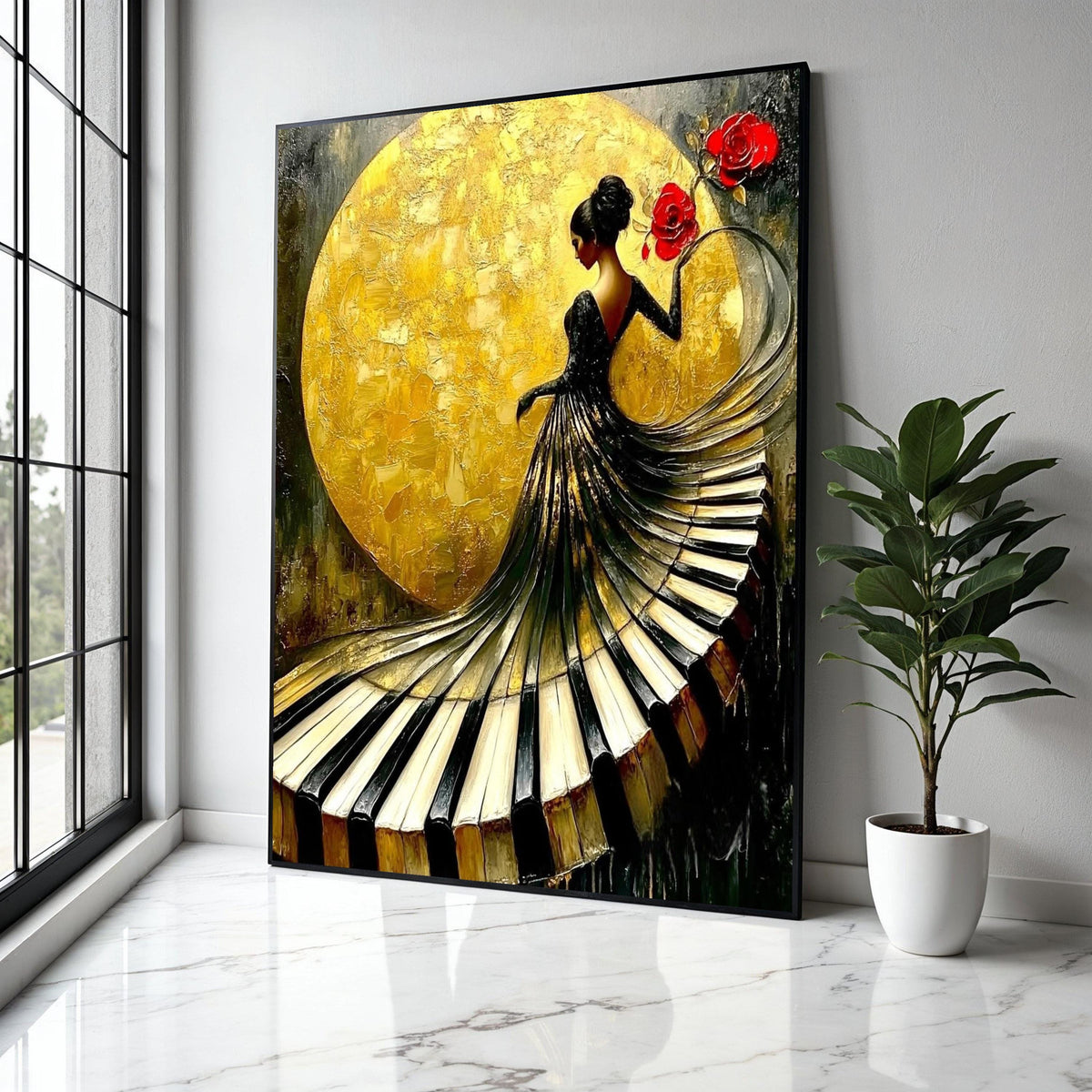 Elegant Woman in Piano Dress Canvas, Musical Art Wall Decor, Gold Background, Red Roses Canvas, Modern Home Gift Art, Home Decor, Print