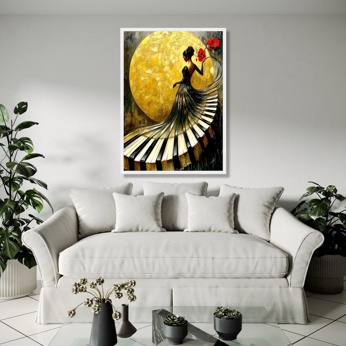 Elegant Woman in Piano Dress Canvas, Musical Art Wall Decor, Gold Background, Red Roses Canvas, Modern Home Gift Art, Home Decor, Print
