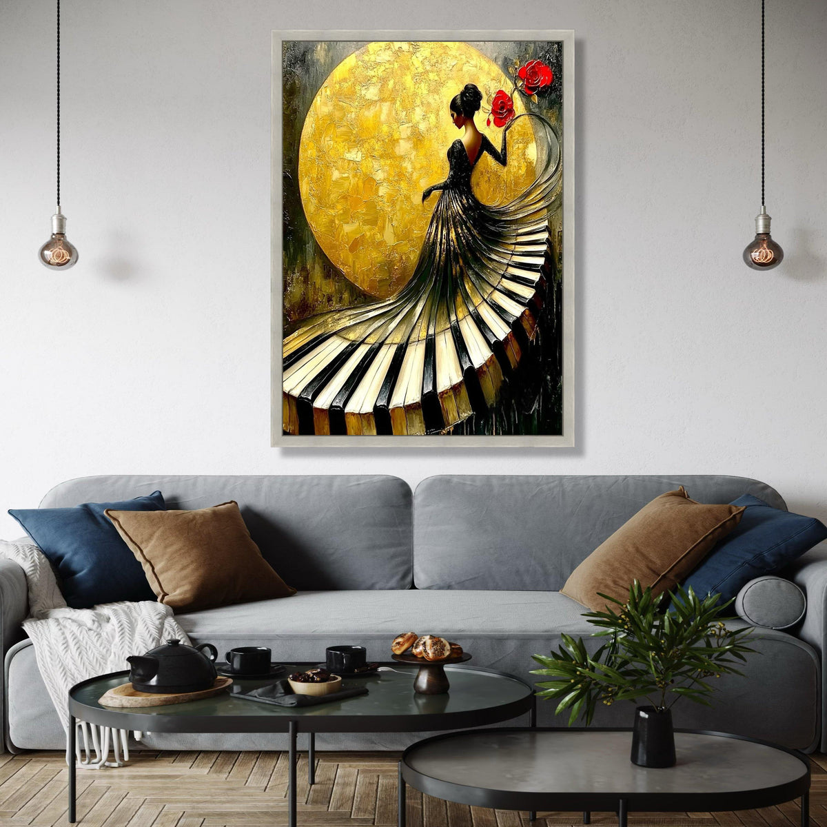 Elegant Woman in Piano Dress Canvas, Musical Art Wall Decor, Gold Background, Red Roses Canvas, Modern Home Gift Art, Home Decor, Print